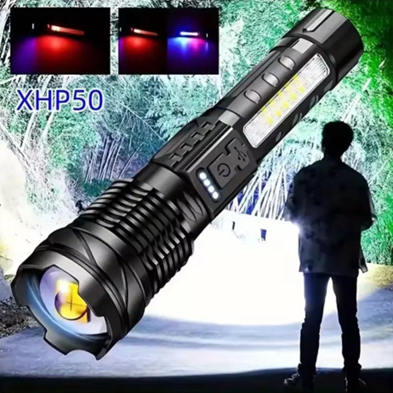 XHP50 LED Rechargeable Flashlight Zoomable Waterproof Torch with Side Light and Built-in Battery for Camping Hiking Fishing Outdoor