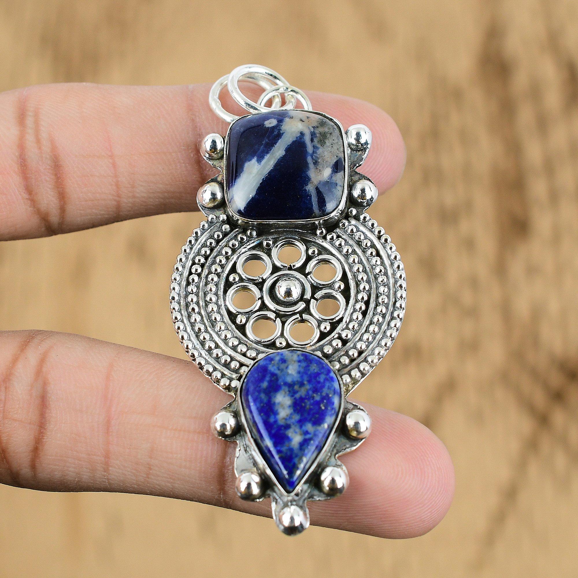 Cushion Natural Sodalite Lapis Lazuli 925 Sterling Silver Mother Pendant Jewelry