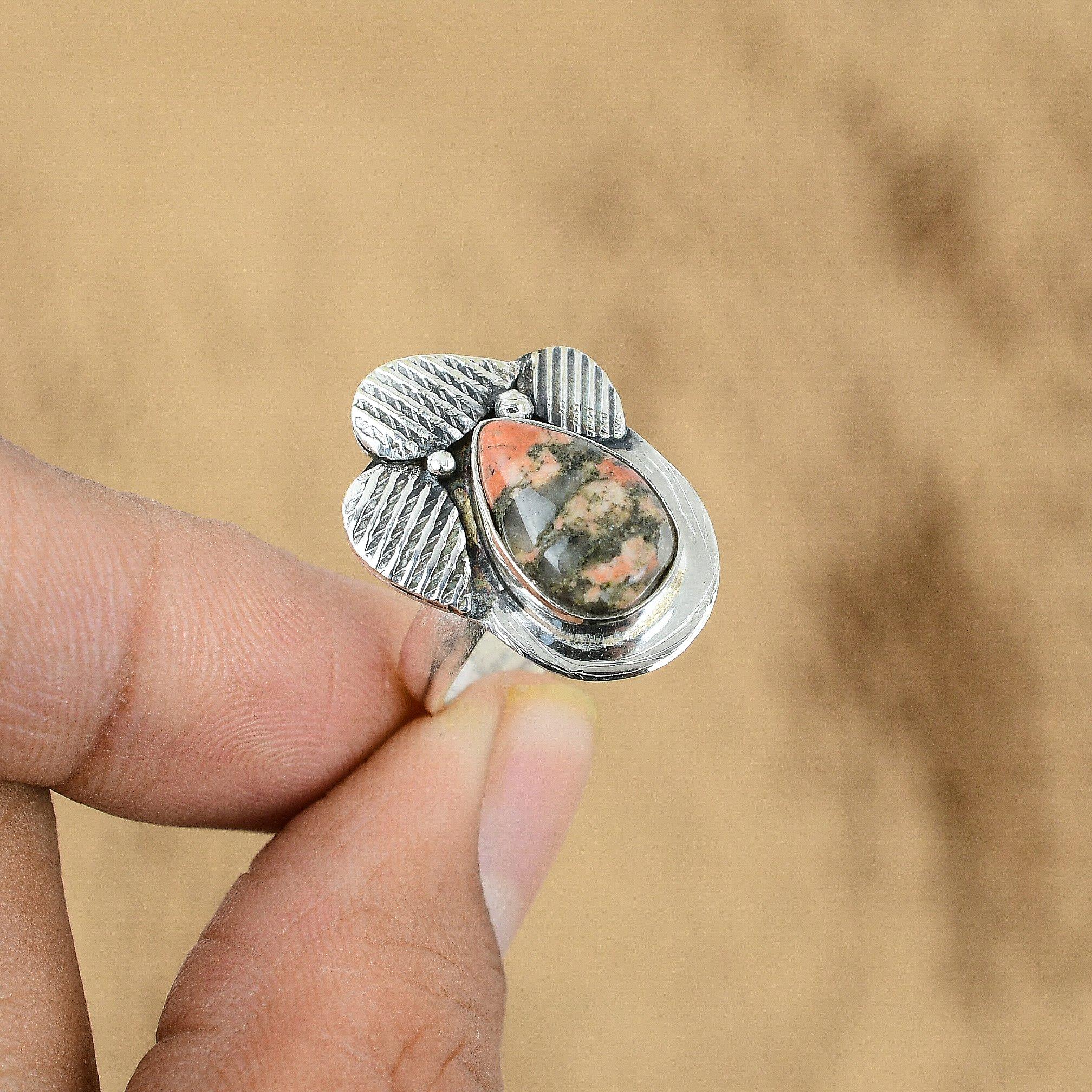 Свадебный подарок для нее Кольцо-обещание из серебра 925 пробы с натуральной малигано-яшмой, регулируемое