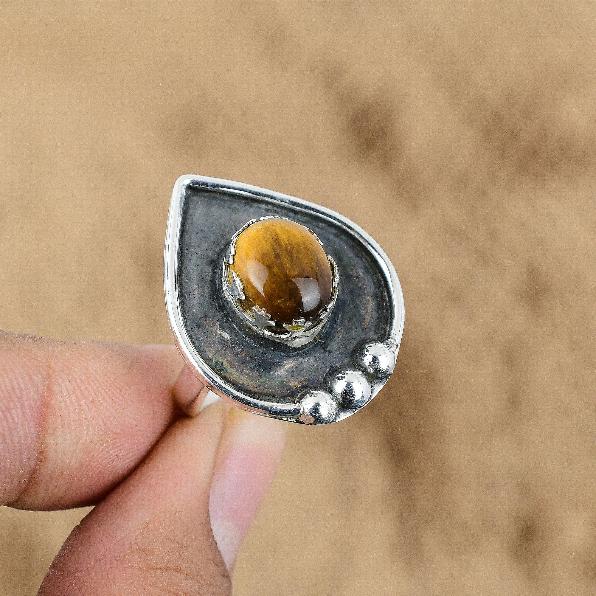Natural Tiger'S Eye Gemstone Promise Yellow Adjustable Ring 925 Sterling Silver