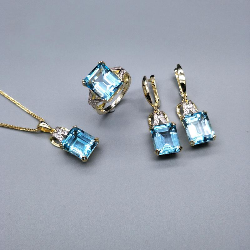 Натуральный хороший цвет BB, небесно-голубой топаз, комплект украшений, кольца, ожерелья и серьги, изысканные ювелирные изделия из серебра 925 пробы для женщин с подарочной коробкой