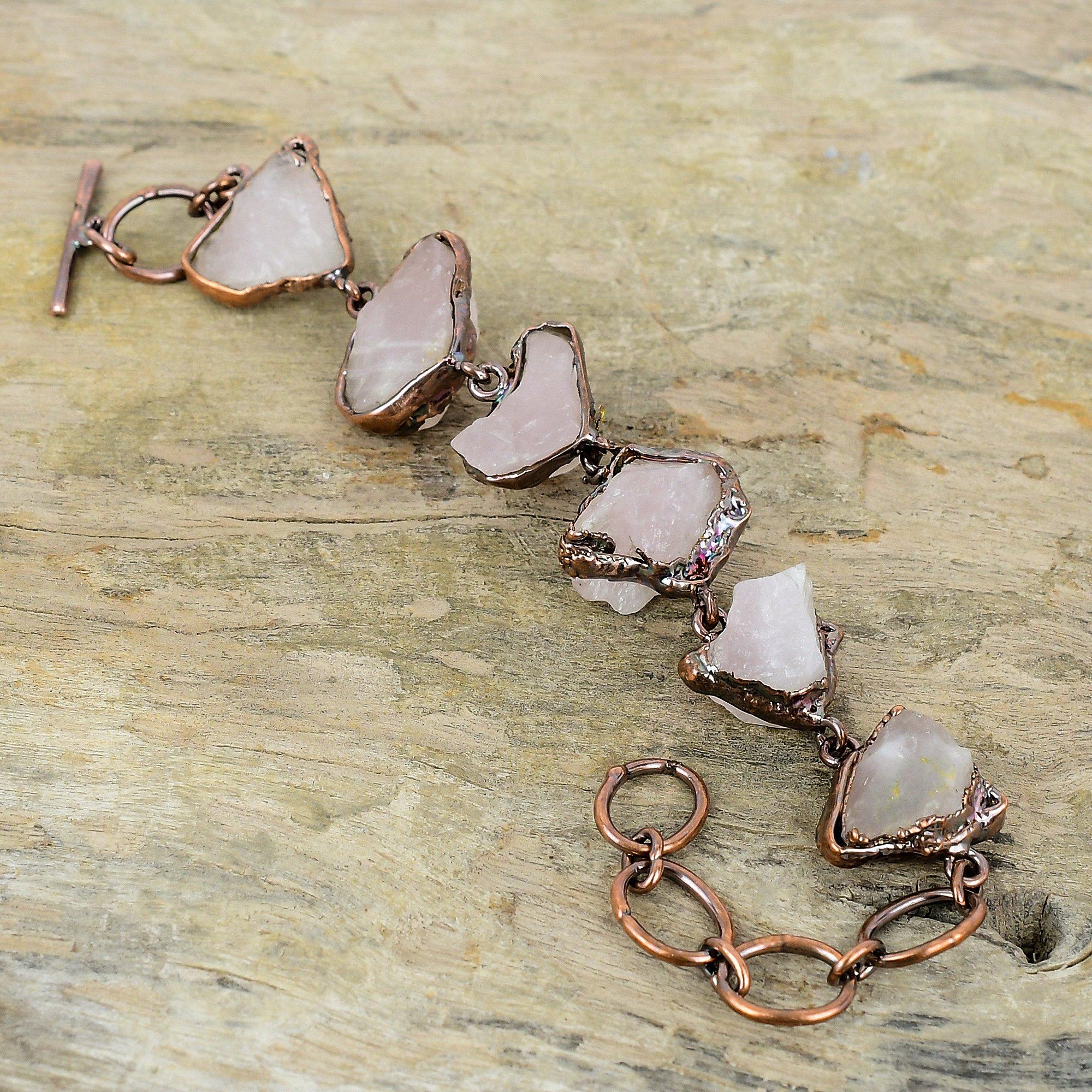 Грубый браслет из розового кварца, гальванический медный браслет, регулируемый браслет-цепочка, браслет из драгоценных камней для подарка, ювелирные изделия ручной работы, гальванопластика