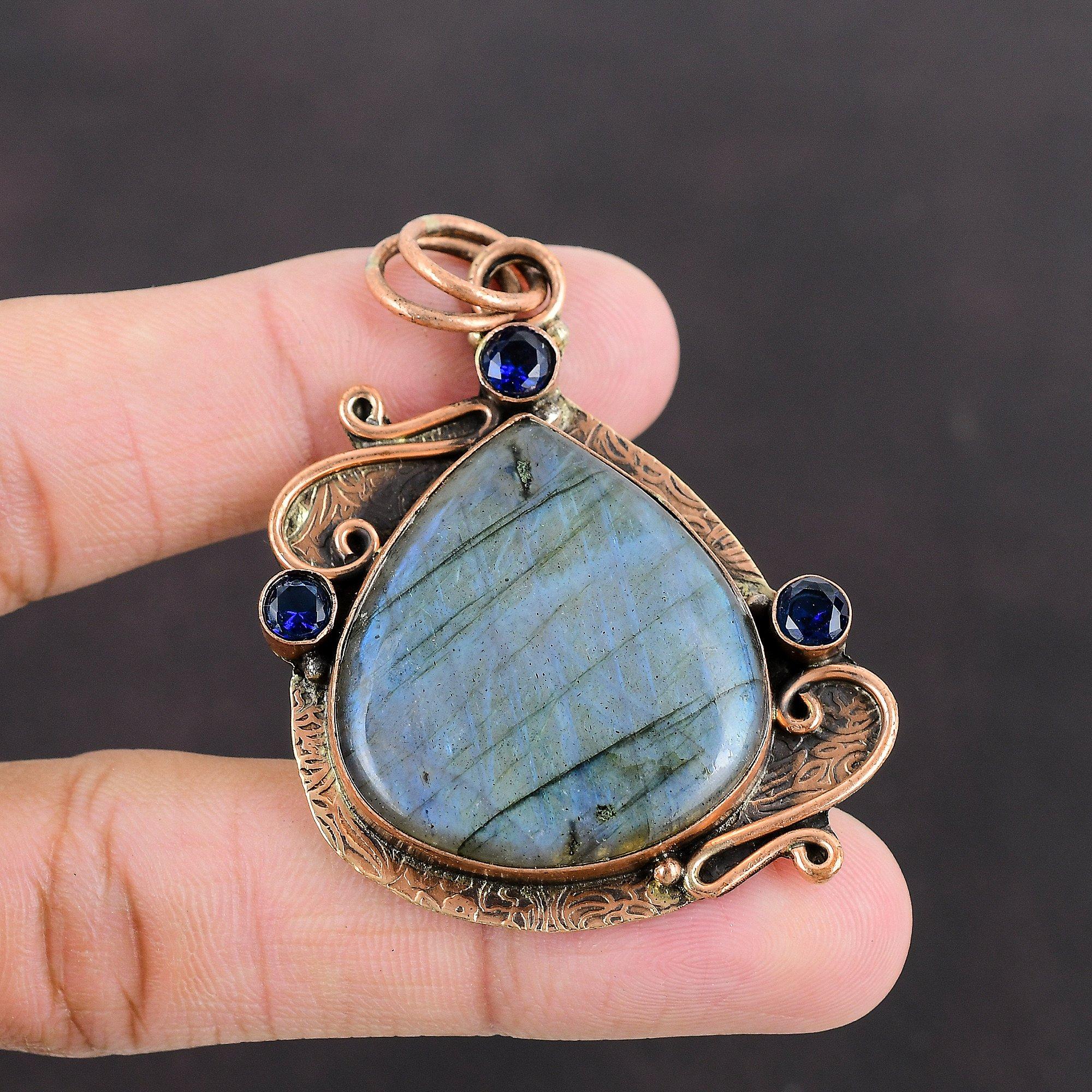 Подвеска из лабрадорита, танзанитовый кварцевый кулон, медная подвеска, ювелирные изделия ручной работы, подвеска из настоящего драгоценного камня для подарка, уникальные ювелирные изделия из меди