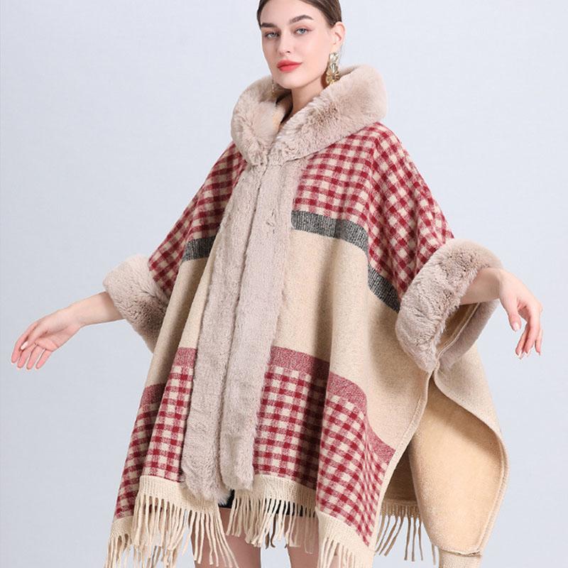 Зимняя женская куртка-накидка с шалью, свободная клетчатая подкладка с утолщенным меховым воротником, вязаная твидовая куртка-шаль с семиточечным рукавом и шляпой