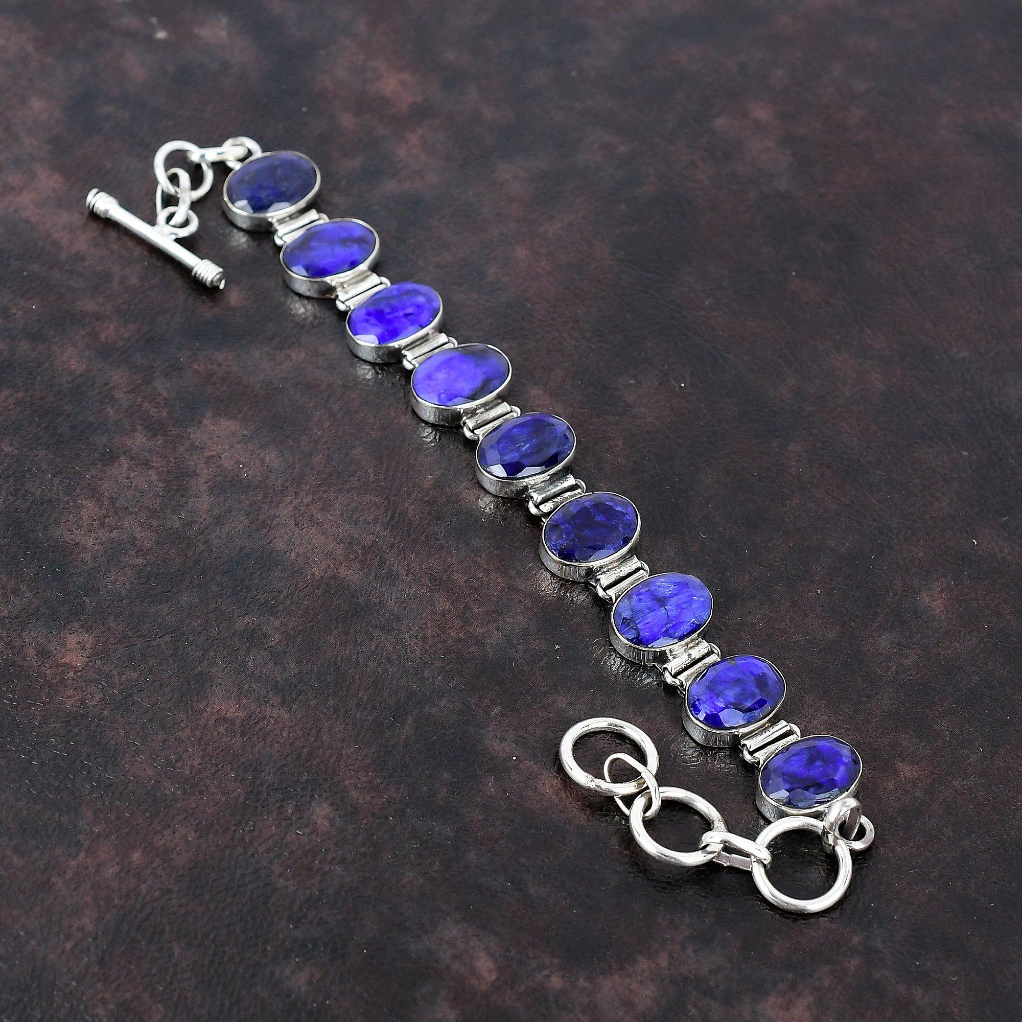 Браслет с граненым синим сапфиром. Изысканные ювелирные изделия. Браслет из стерлингового серебра 925 пробы. Драгоценный камень. Ювелирные изделия ручной работы. Регулируемый браслет-цепочка. Подарок для жены.