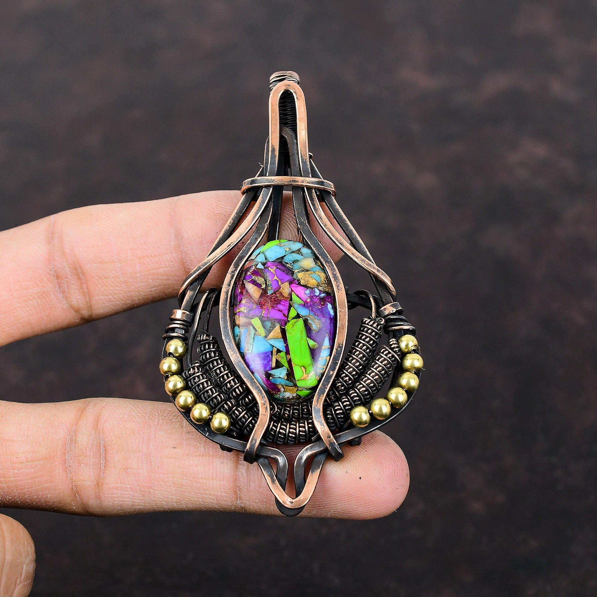 Fiesta Kingman Бирюзовый кулон Медная проволока обернутый драгоценный камень кулон Multi Медный бирюзовый кулон Медные украшения ручной работы Стильный кулон