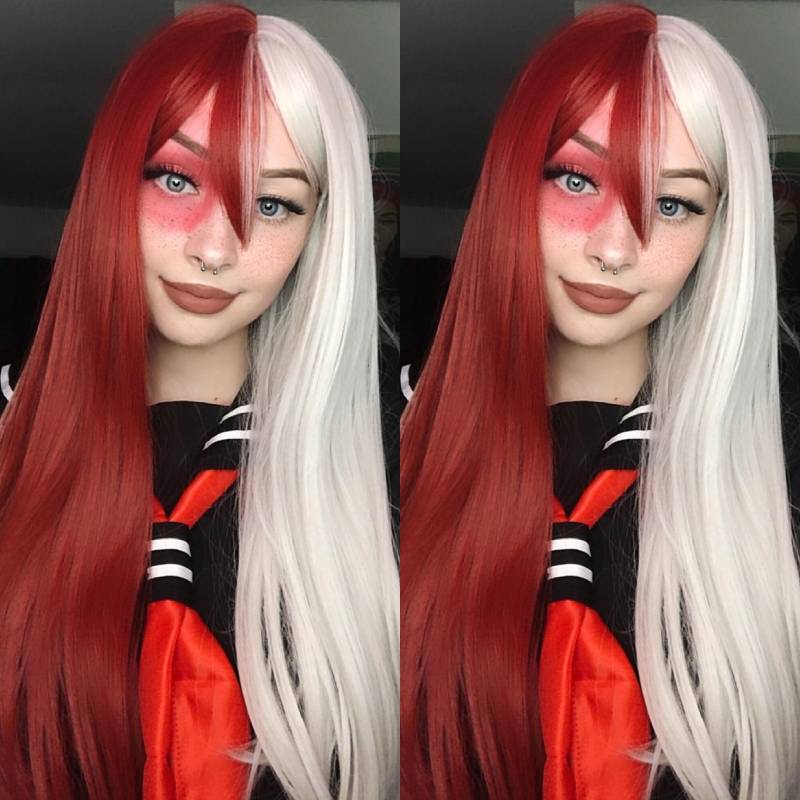 XINRAN Women Synthetic Long Cosplay Wig with Bangs Long Straight Hair Two Tone Ombre Color Half Color Women Synthetic Hair