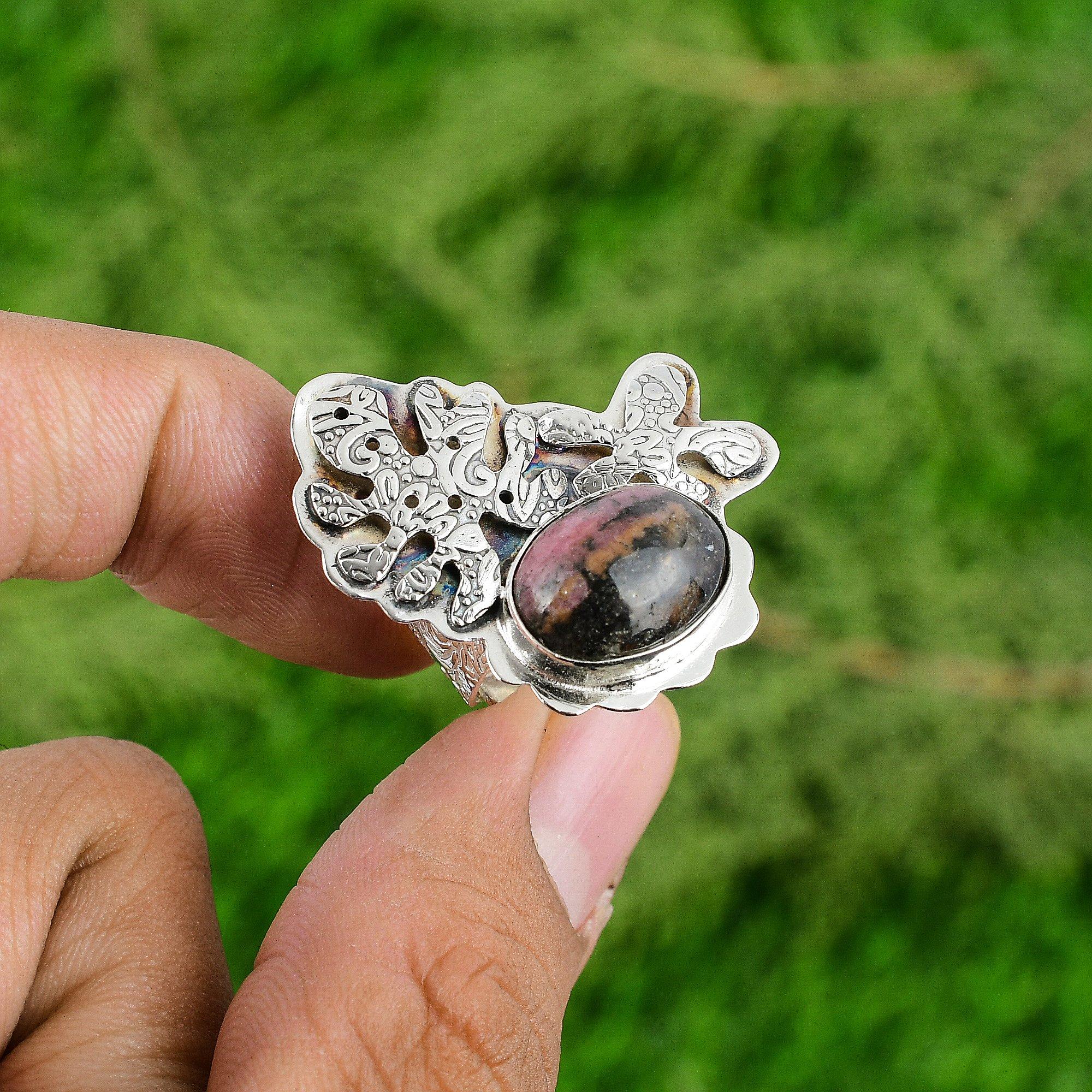 Natural Rhodonite Gemstone Stackable Adjustable Ring 925 Silver For Women