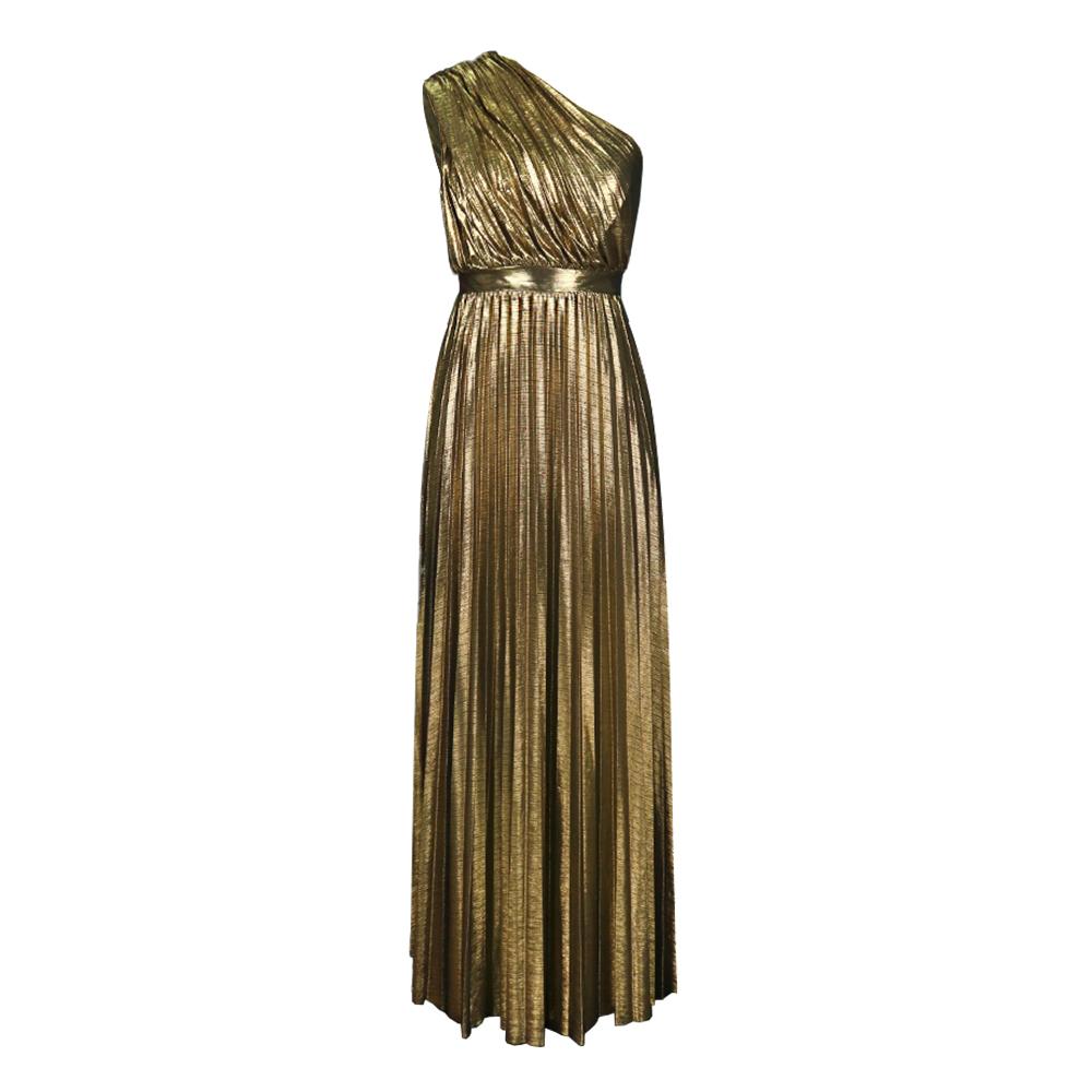 Party Dress Shiny Elegant Women Even Luxury Maxi Long Metallic Pleated One Shoulder Sleeveless Glitter Shimmer Gowns Outfits