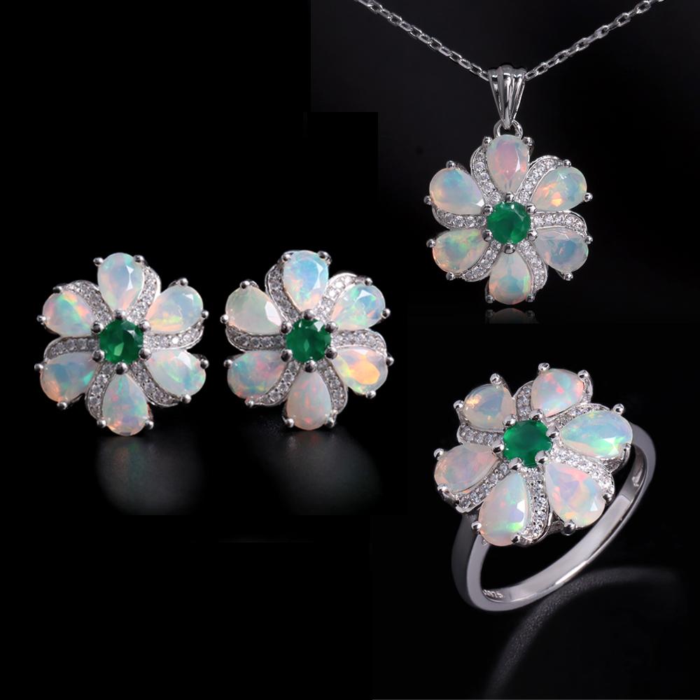 Комплект женских украшений из натурального опала с зеленым агатом, серебро 925 пробы, подвеска, ожерелье, серьги, кольцо, ювелирные украшения, подарок