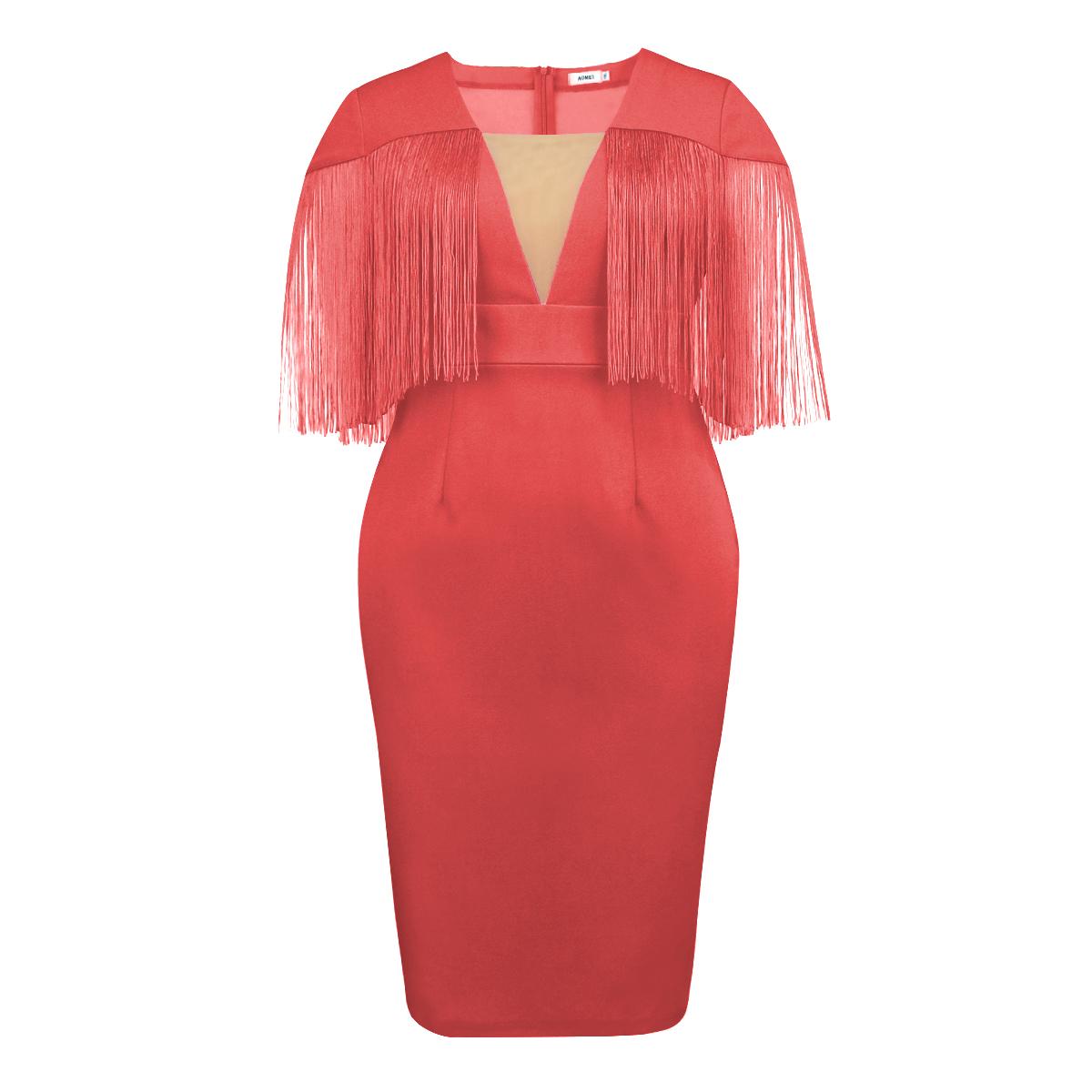 AOMEI Вечерние платья с красной бахромой и кисточками для женщин, тюль с V-образным вырезом и короткими рукавами с бахромой, ампир, миди, вечерние платья, наряды, новинка