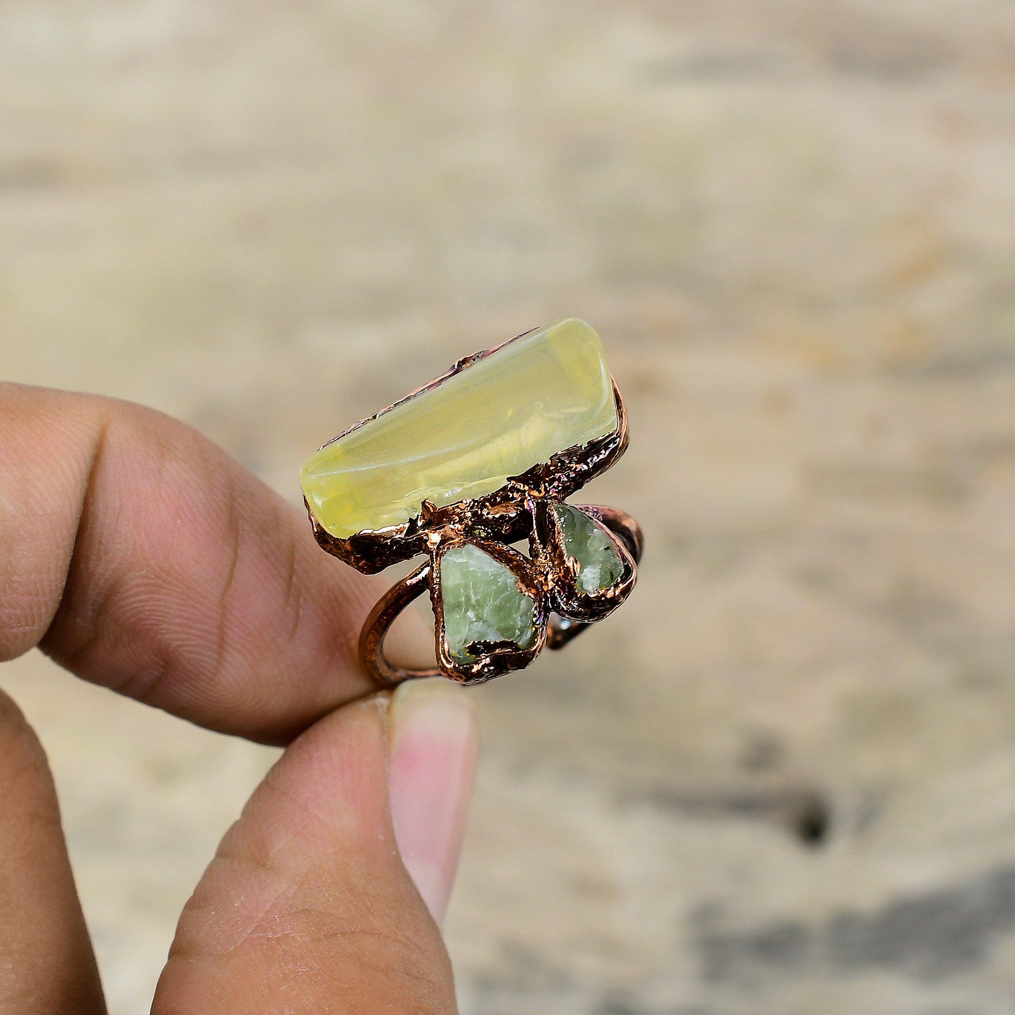 Кольцо с цитрином, гальванопластическое медное кольцо, регулируемое кольцо, кольцо с зеленым турмалином, уникальное кольцо ручной работы, ювелирные изделия из гальванопластических драгоценных камней