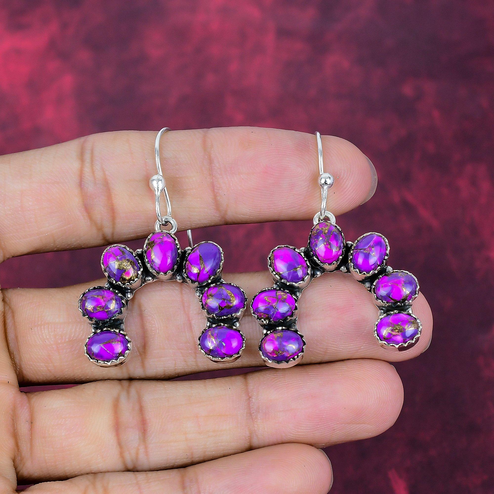 Purple Copper Turquoise Handmade Gemstone Earrings, 925 Solid Sterling Silver Earrings Antique Jewelry, For Engagement Gift