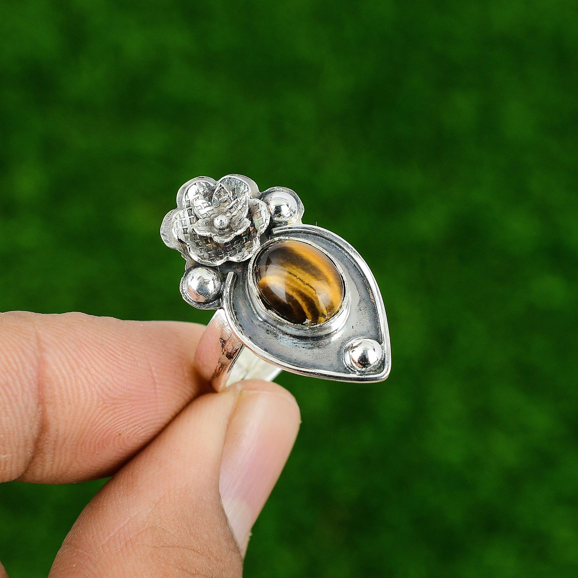 Natural Tiger'S Eye Gemstone Multi Stone Flower Adjustable Ring 925 Silver