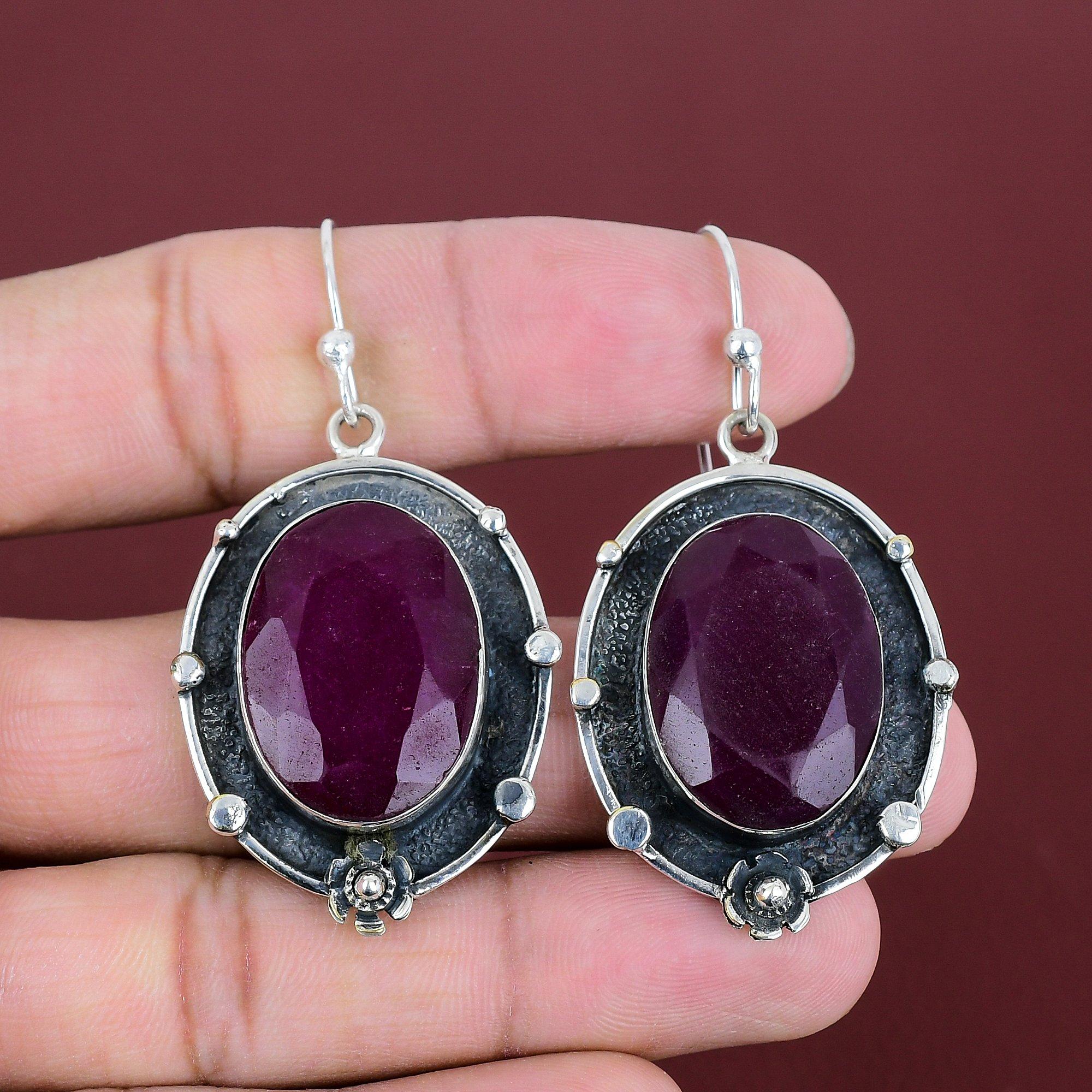 Граненые серьги из кашмирского рубина, настоящие драгоценные камни, серебряные украшения, серьги ручной работы, серьги из стерлингового серебра 925 пробы, уникальные серьги, подарки для нее