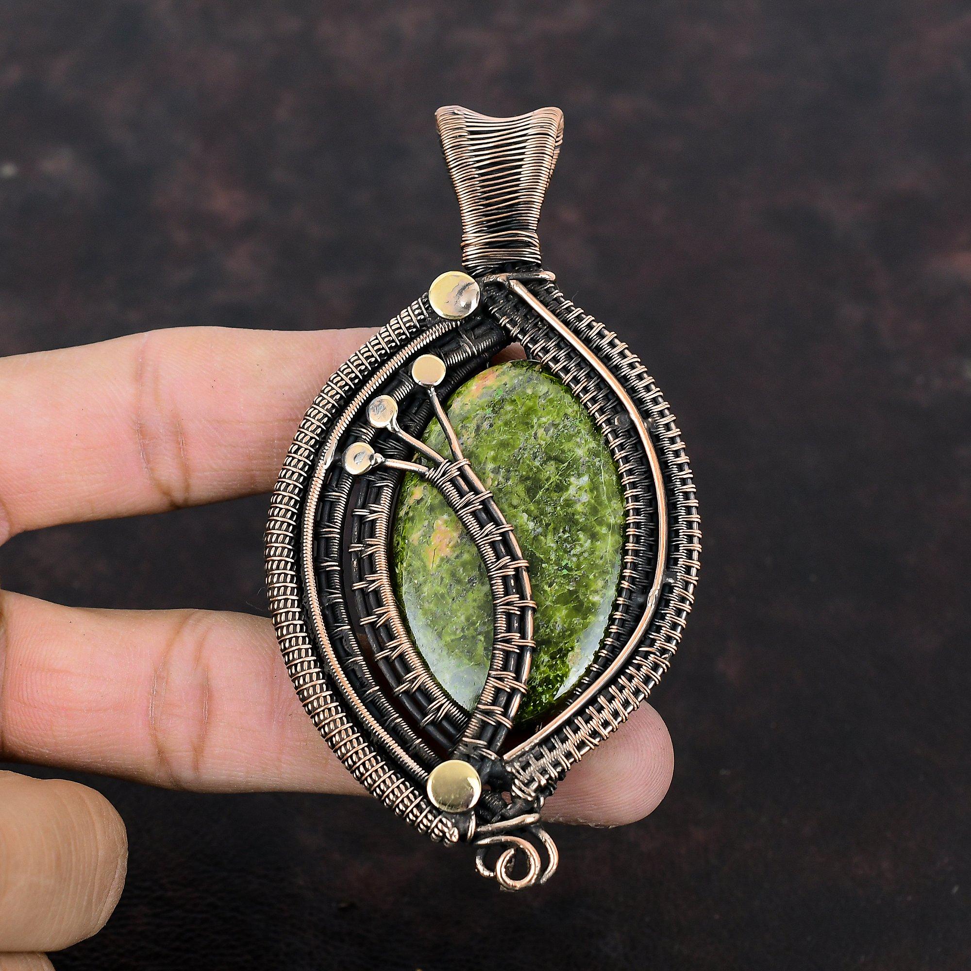 Унакитовый кулон Кулон из драгоценного камня, обернутый медной проволокой Дизайнерский кулон Элегантные украшения Кулон ручной работы Украшения, обернутые медной проволокой Свадебный подарок