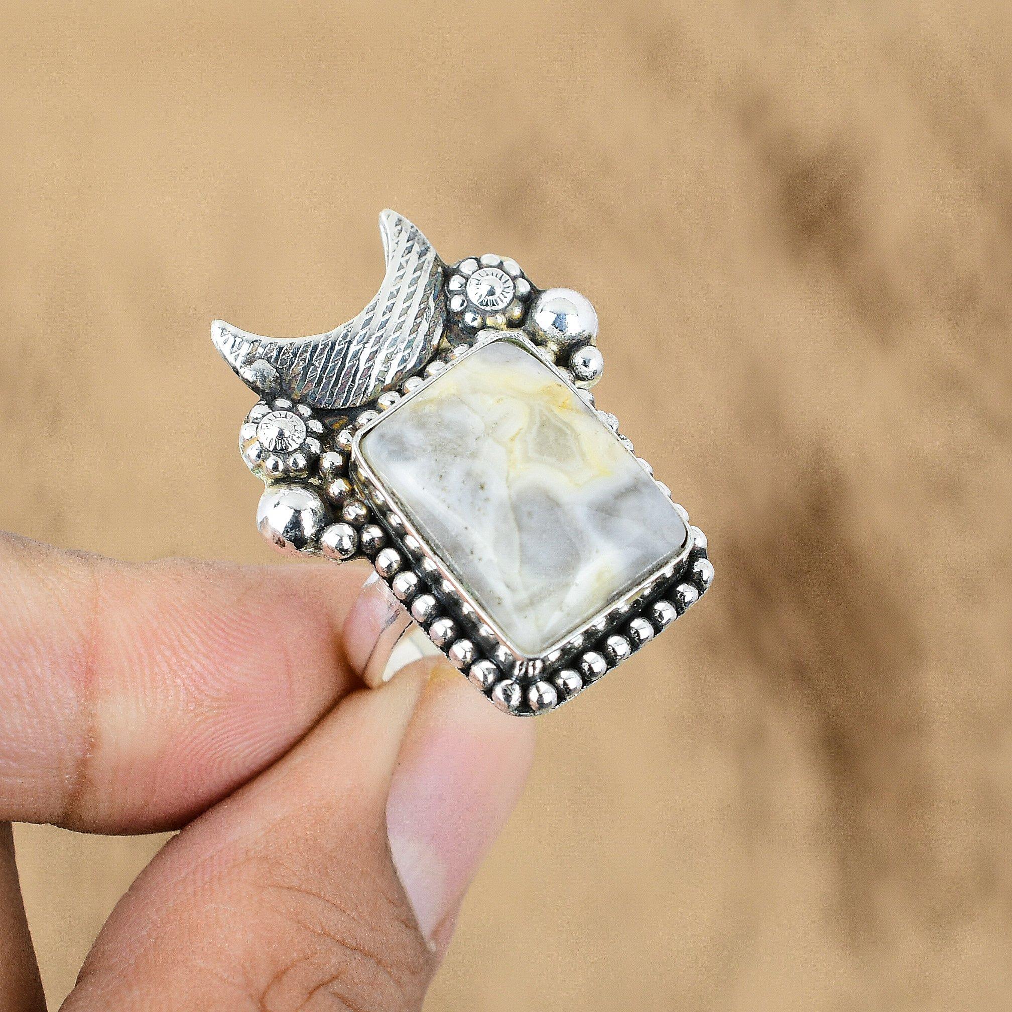 Natural Ocean Jasper Multi Stone Cresent Moon Adjustable Ring 925 Silver