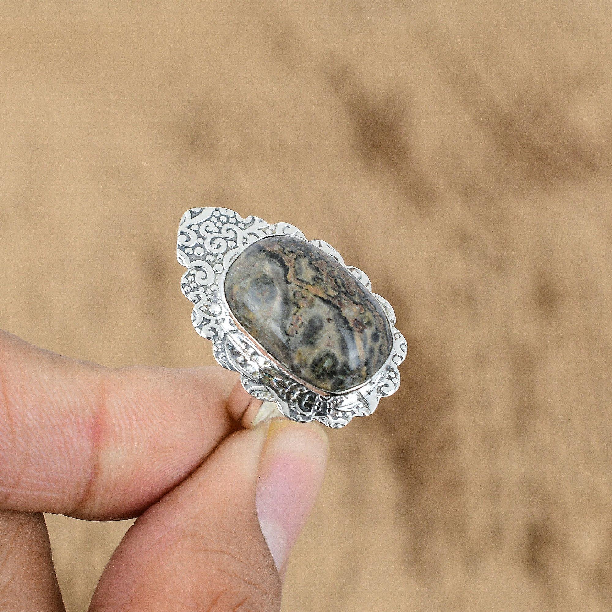 Radiant Natural Leopardskin Jasper Sterling Silver Mother Promise Ring Jewelry