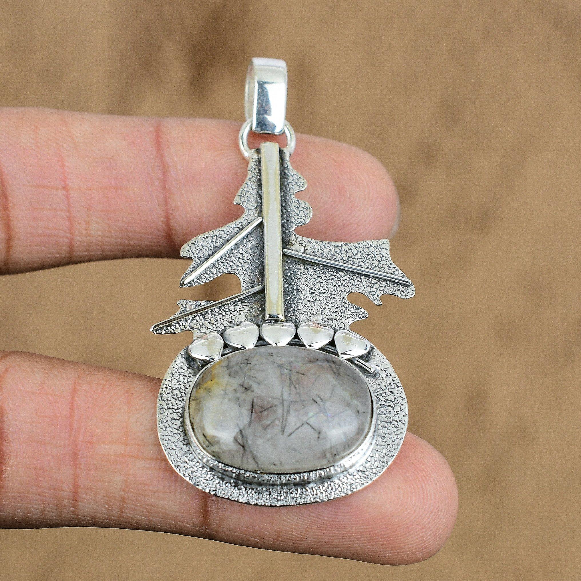 Скидка ко Дню Матери Овальный Черный Рутилный Камень Подвеска на Годовщину День Рождения Серебро 925