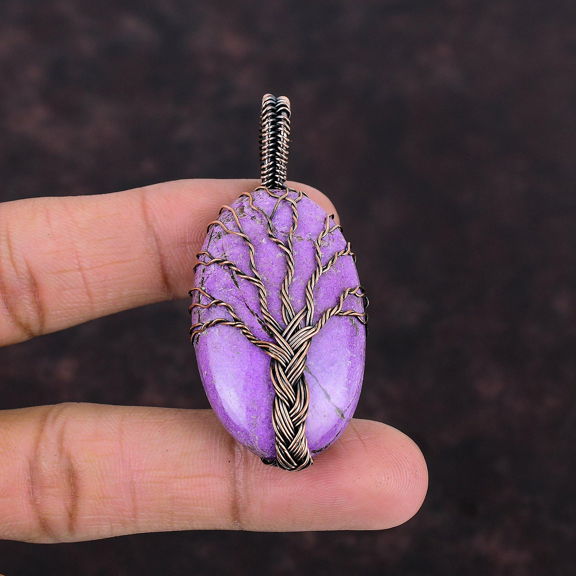 Подвеска из пурпурита «Дерево жизни», подвеска из медной проволоки, подвеска ручной работы, дизайнерское ювелирное изделие из меди, подарок для нее, ювелирное изделие из драгоценных камней с проволочной обмоткой