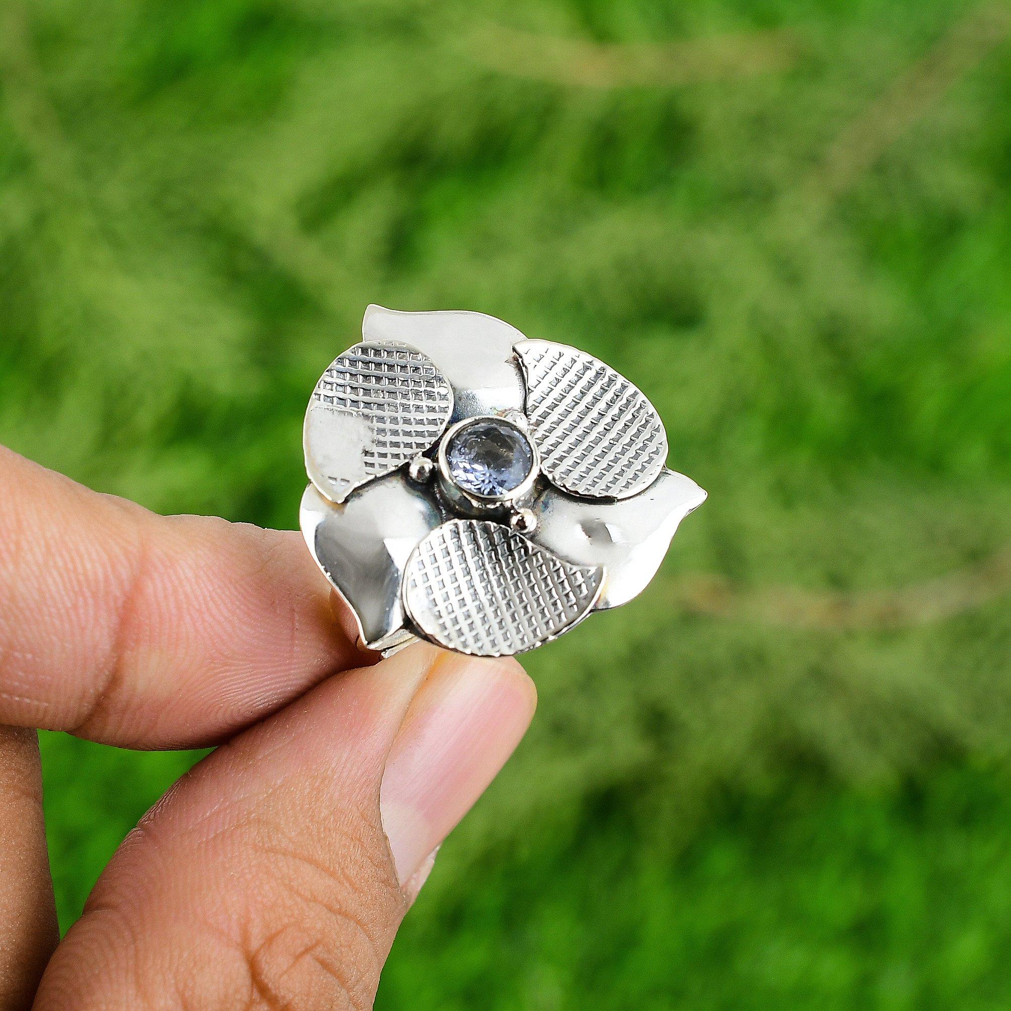 Круглый камень Танзанитовый кварц Цветок Солитер Безель Бохо Кольцо Стерлинговое серебро