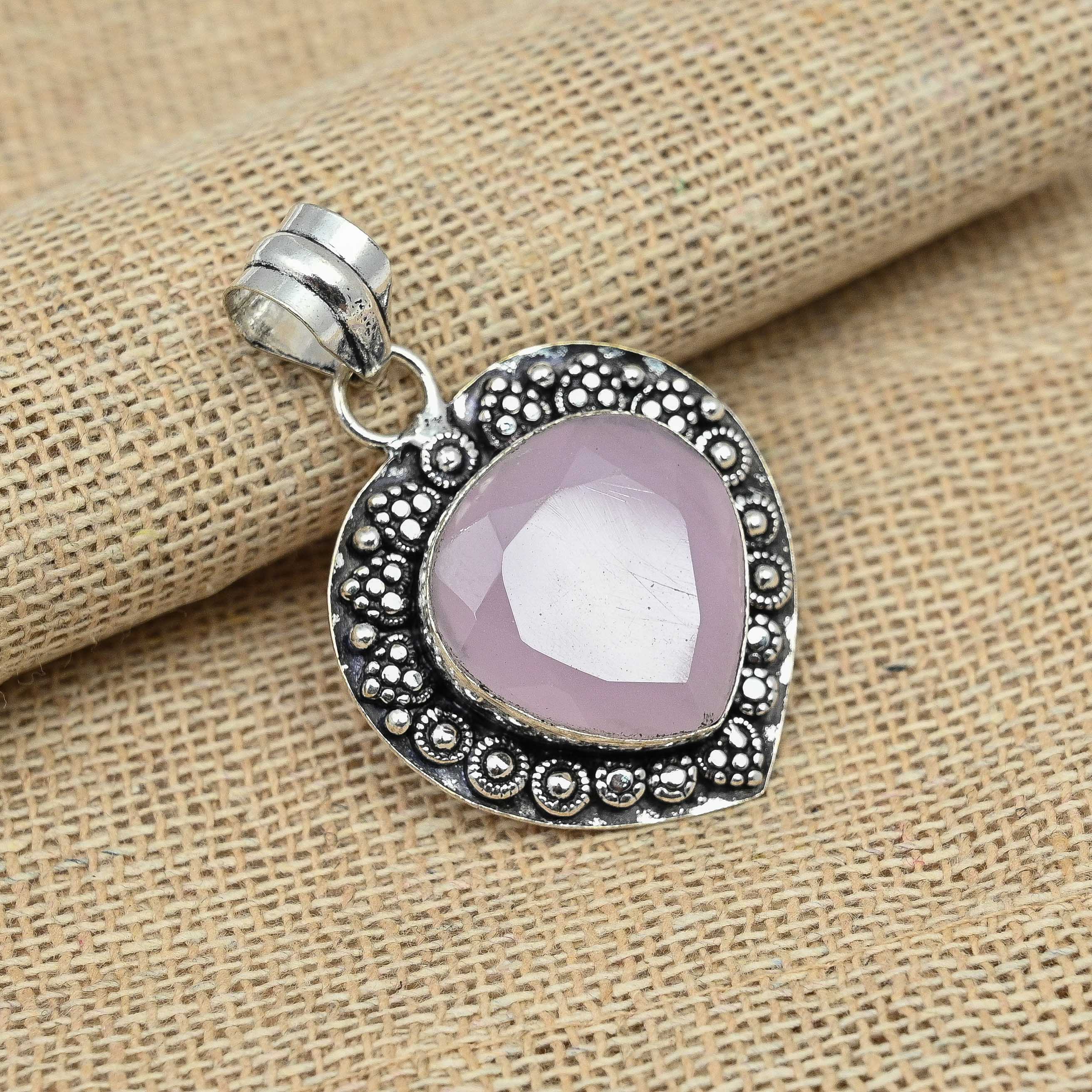 Розовый халцедоновый драгоценный камень ручной работы 925 твердых серебряных ювелирных изделий дизайнерский кулон для нее
