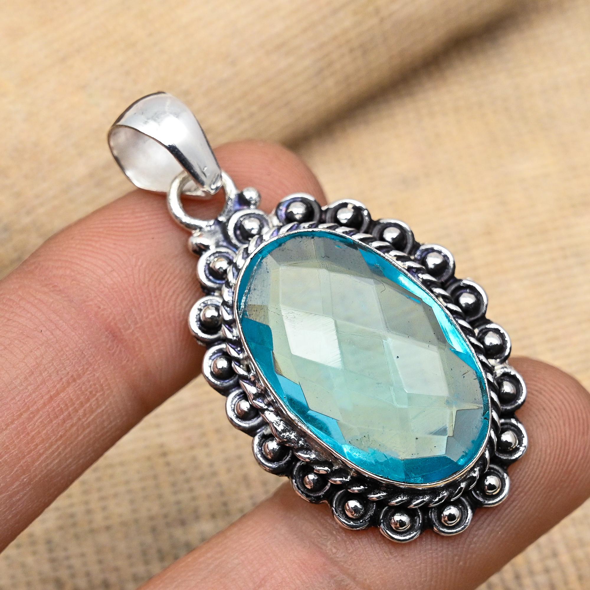 Glorious Blue Topaz Gemstone Handmade 925 Solid Sterling Silver Pendant For Wedding Gift