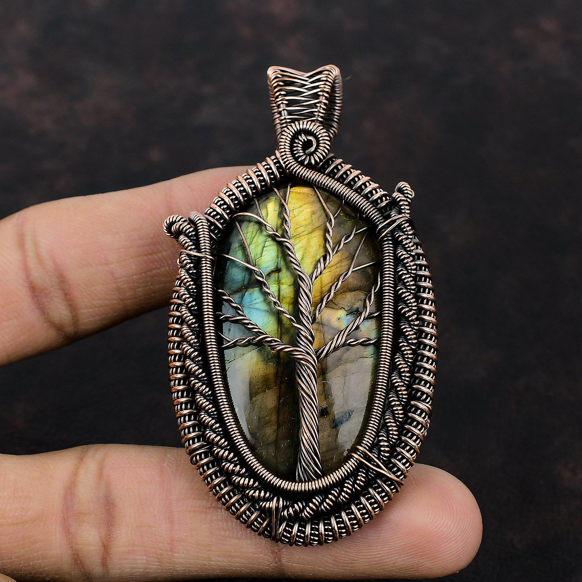 Подвеска из лабрадорита «Дерево жизни», обернутая медной проволокой, оригинальный кулон из драгоценных камней, медные украшения ручной работы, украшения из дерева жизни для подарка