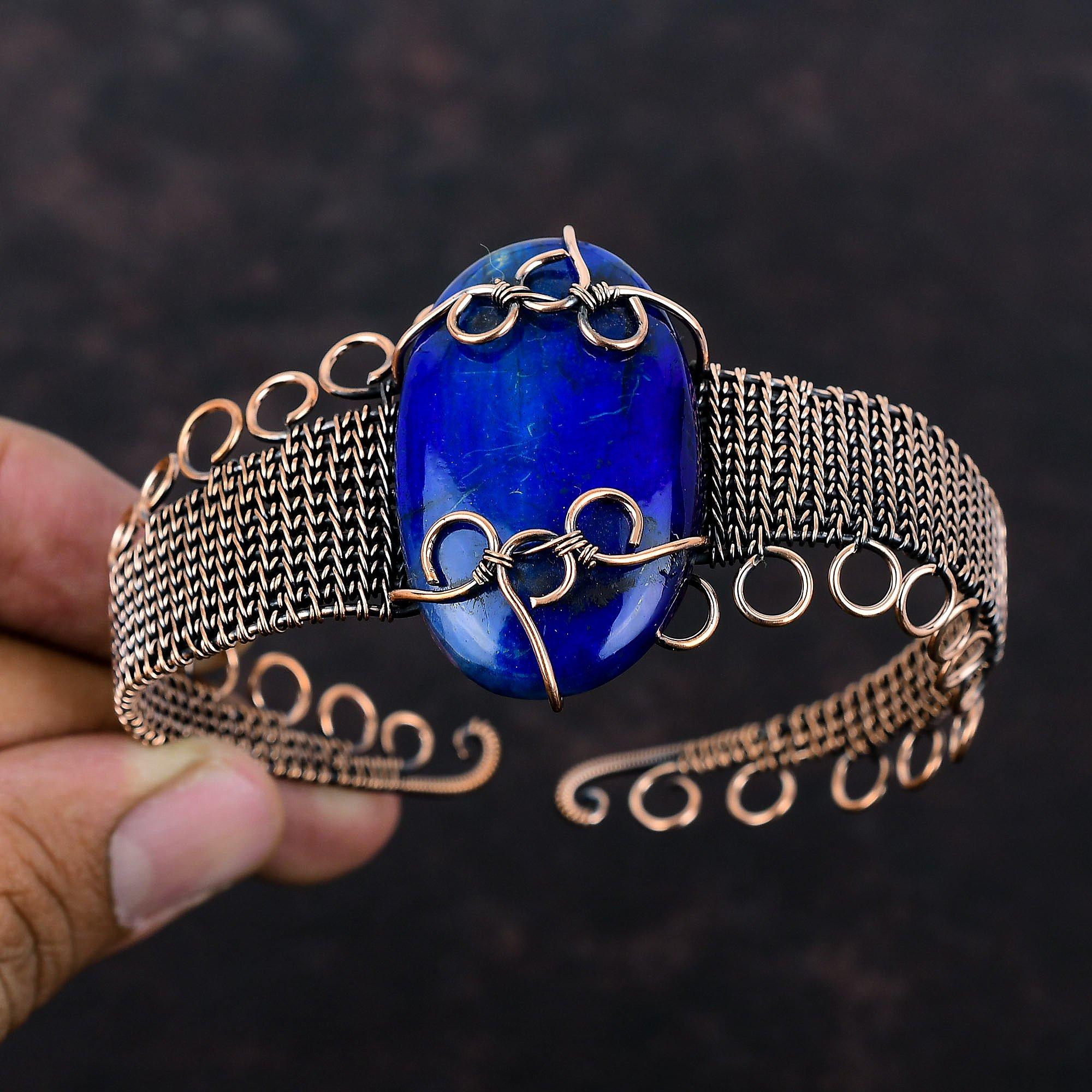 Синий огненный лабрадорит браслет из медной проволоки, браслет-манжета, регулируемый браслет из медной проволоки, ювелирные изделия в подарок для женщин, драгоценный камень, браслет ручной работы