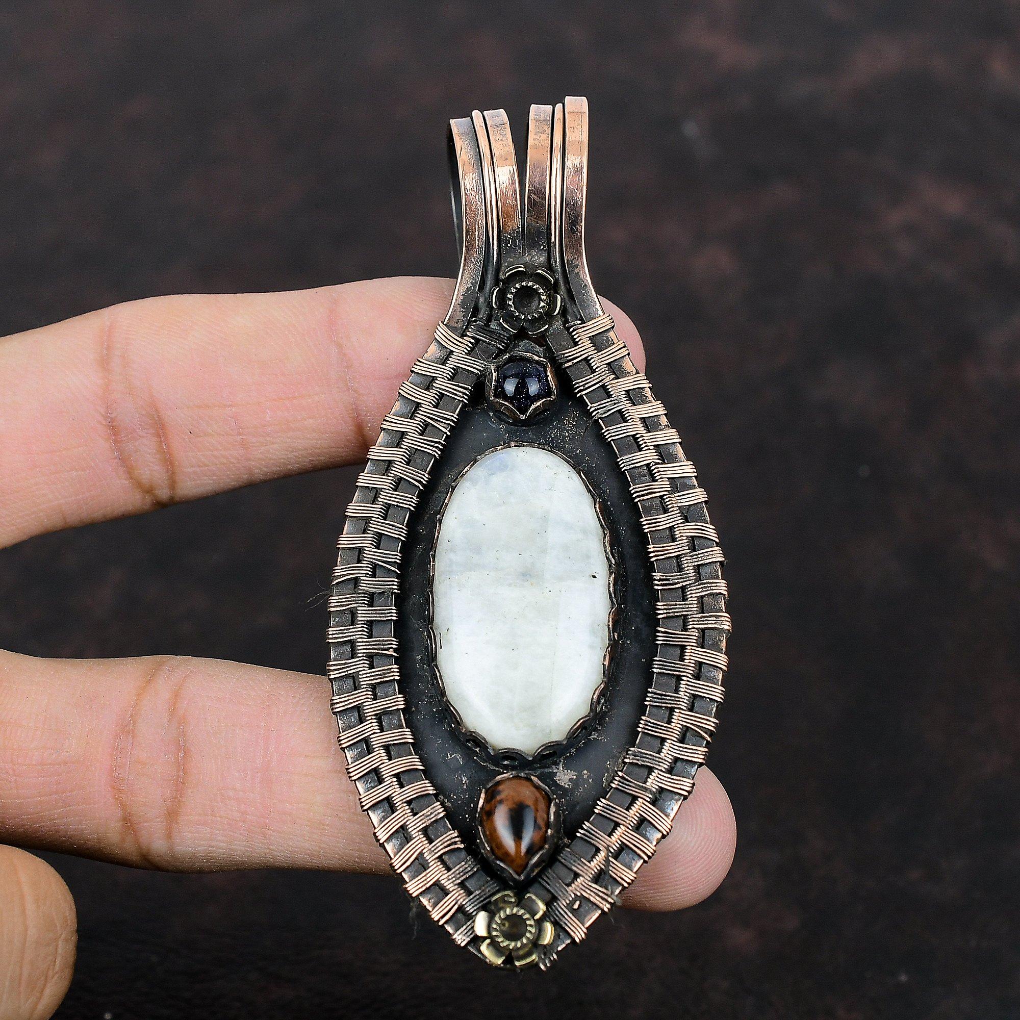 Подвеска из радужного лунного камня, кулон из красного дерева, обсидиана и синего солнечного камня, подвеска из медной проволоки, подвеска из драгоценного камня для подарка, ювелирные изделия ручной работы