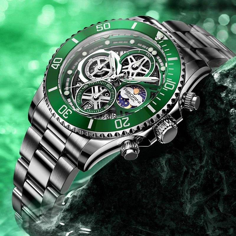 Новые модные зеленые механические часы Submariner в стиле Hollow Watch с календарем, светящиеся водонепроницаемые многофункциональные кварцевые мужские часы