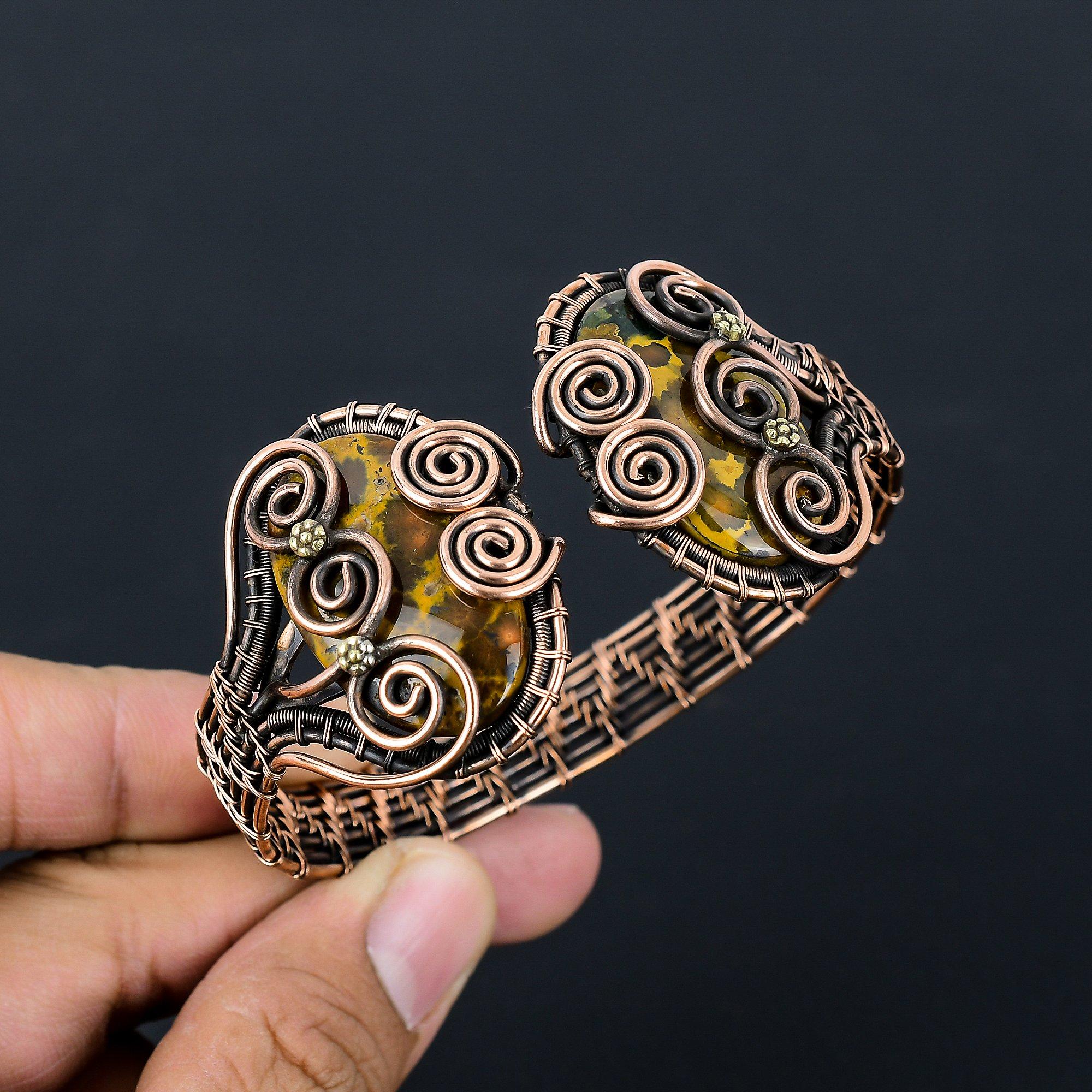 Бамбуковая яшма, драгоценный камень, чистая медная проволока, завернутая в манжеты/браслет ручной работы, регулируемые украшения для нее