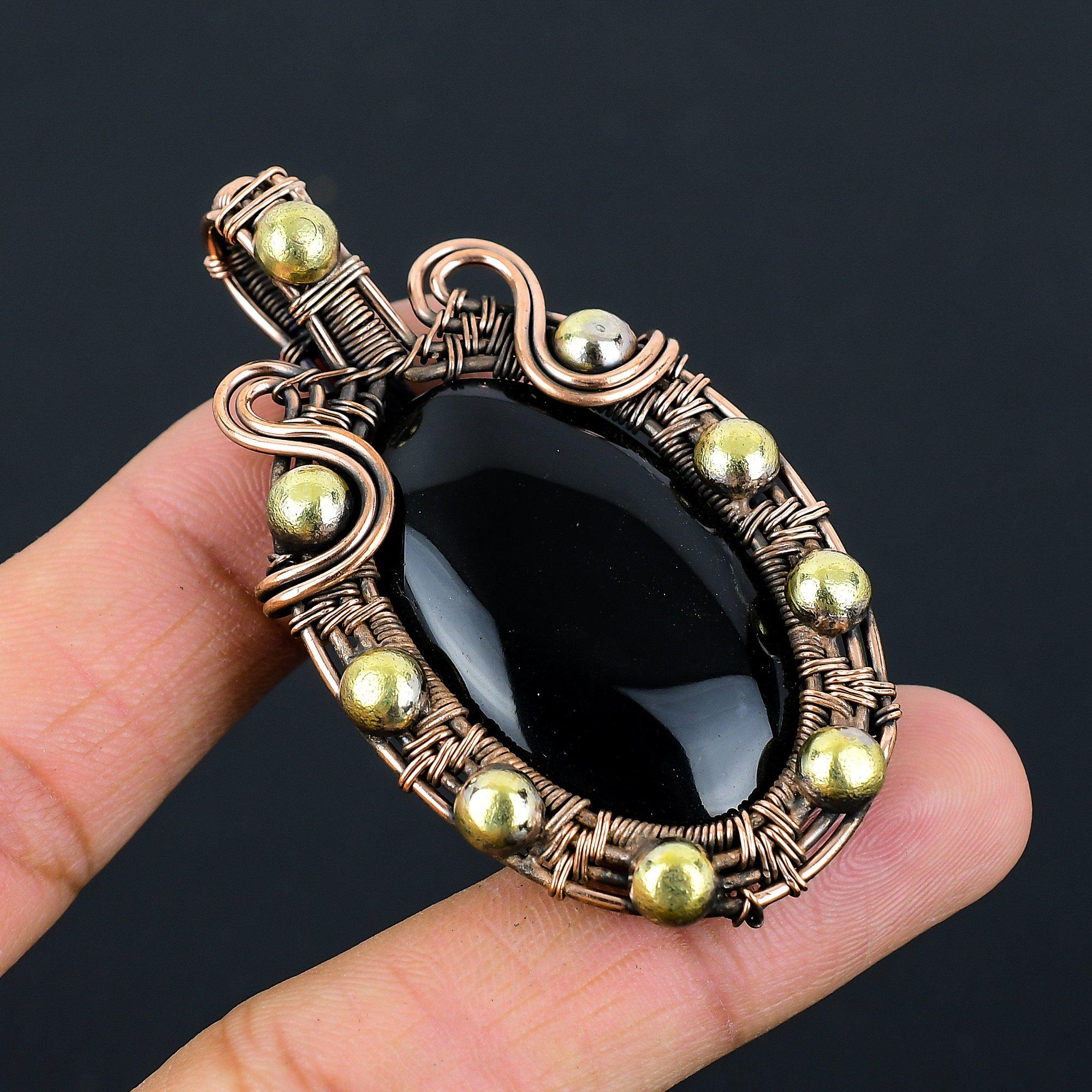 Черный оникс Драгоценный камень Чистая медная проволока Обернутая ювелирная подвеска ручной работы