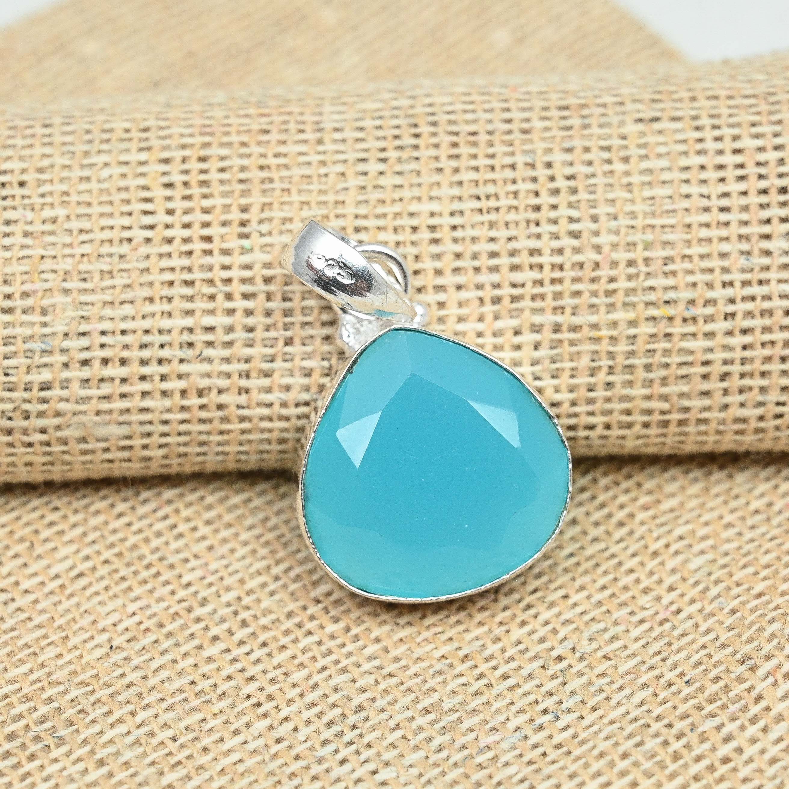 Синий халцедон драгоценный камень стерлингового серебра 925 пробы ручной работы кулон ювелирные изделия красивый подарок для нее