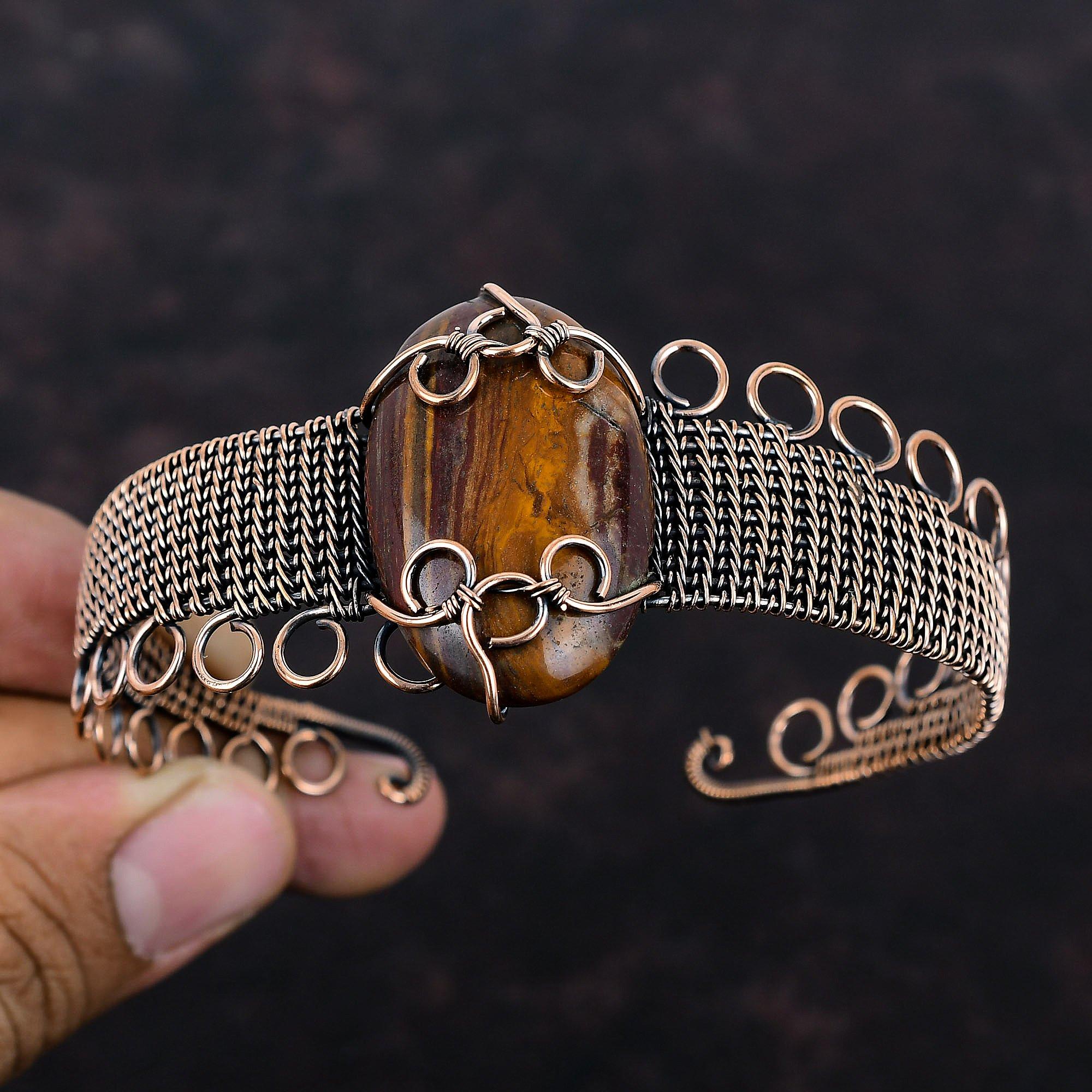 Red Snakeskin Jasper Cuff Bracelet Copper Wire Wrapped Jewelry Adjustable Bangle Handmade Copper Wire Wrap Bangle Gemstone Bracelet For Gift