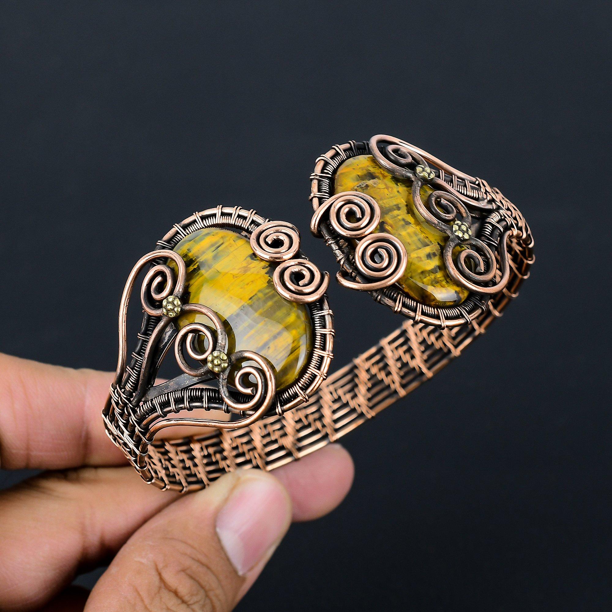 Драгоценный камень «Голубой тигровый глаз» из чистой медной проволоки, завернутый в манжету/браслет ручной работы, регулируемые ювелирные изделия