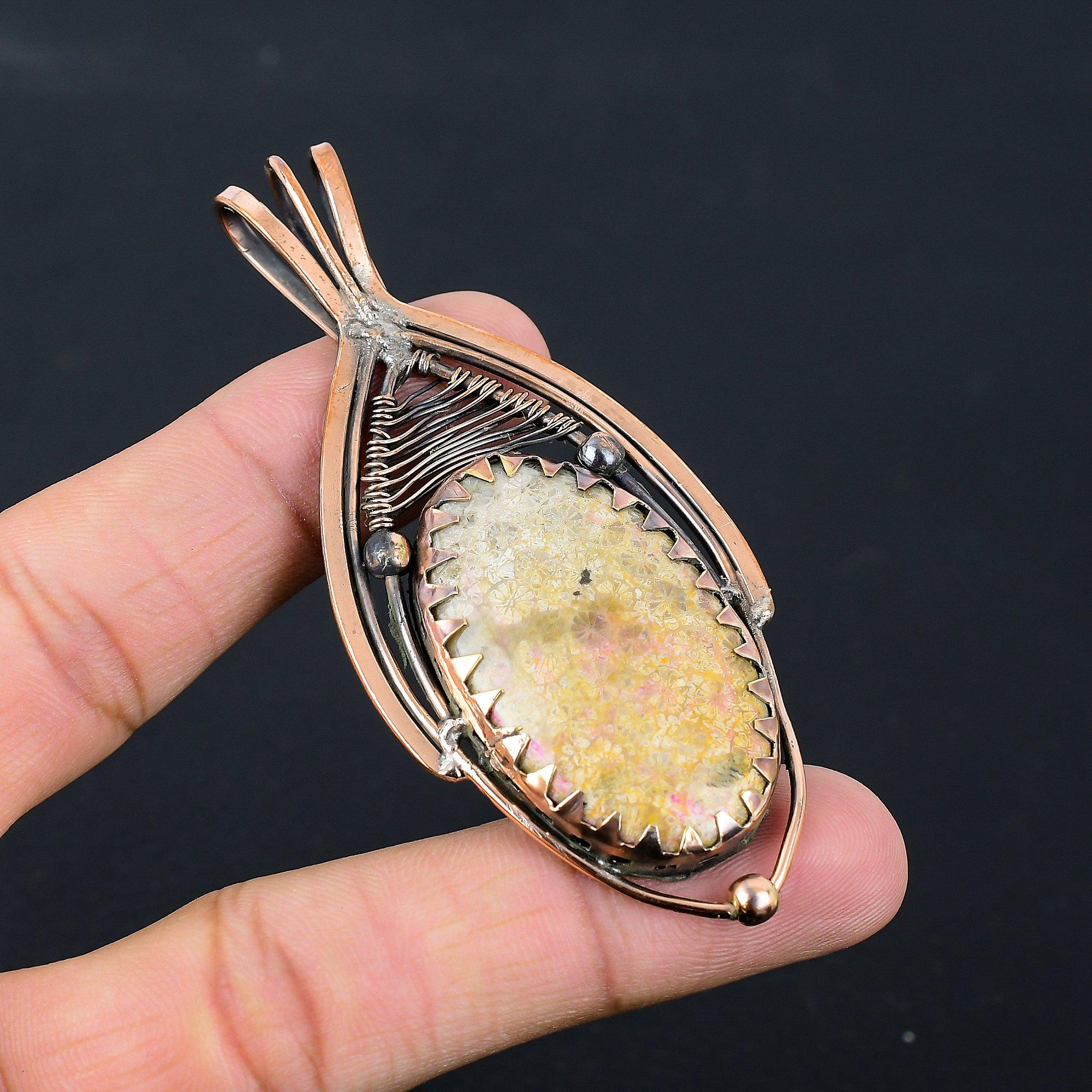 Элегантный ископаемый коралловый драгоценный камень из чистой медной проволоки, завернутый в подвеску ручной работы, ювелирные изделия