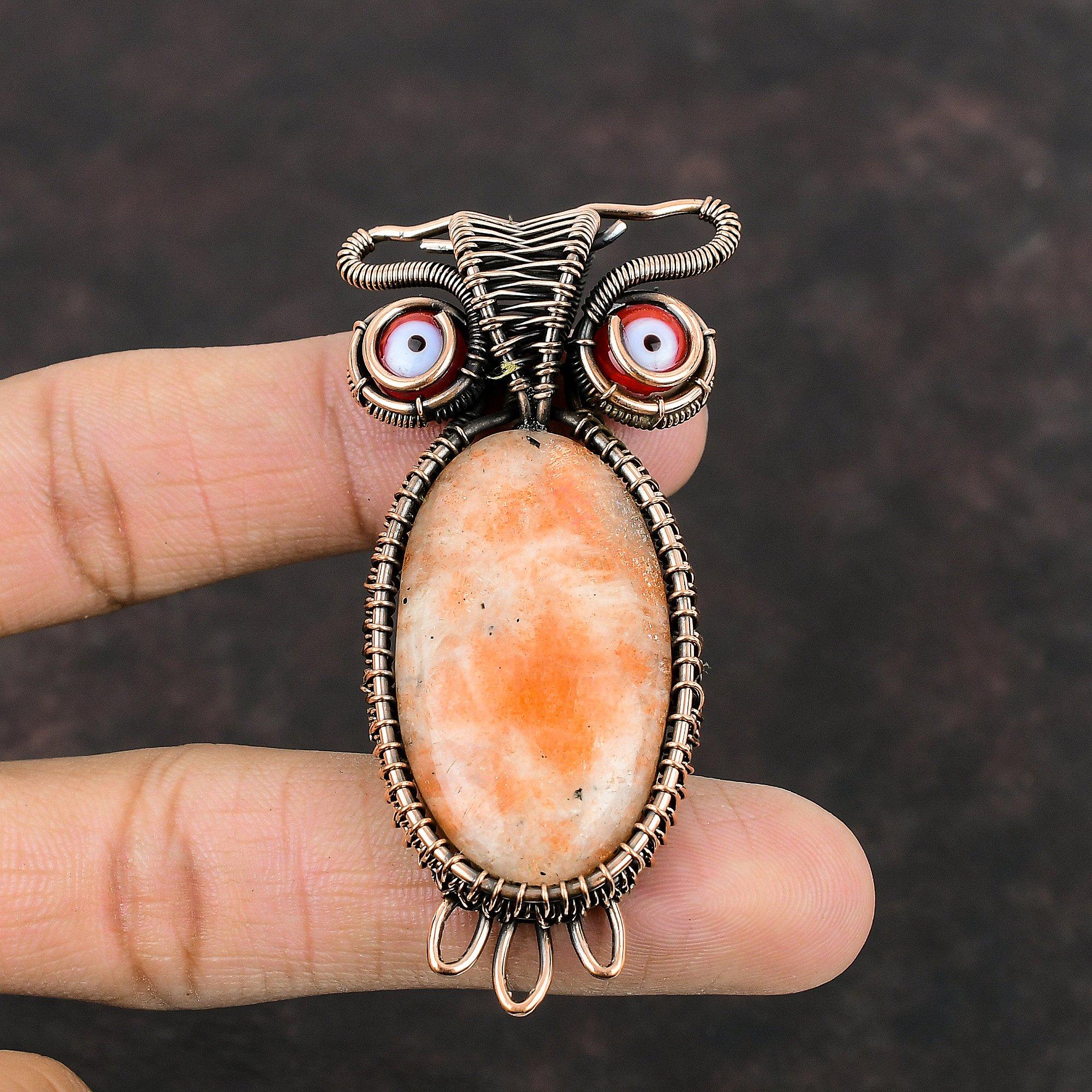 Подвеска Sunstone, медная проволочная обертка, ювелирные изделия из драгоценных камней Sunstone, ручная работа, кулон в виде совы, уникальные медные украшения, кулон от сглаза красного цвета