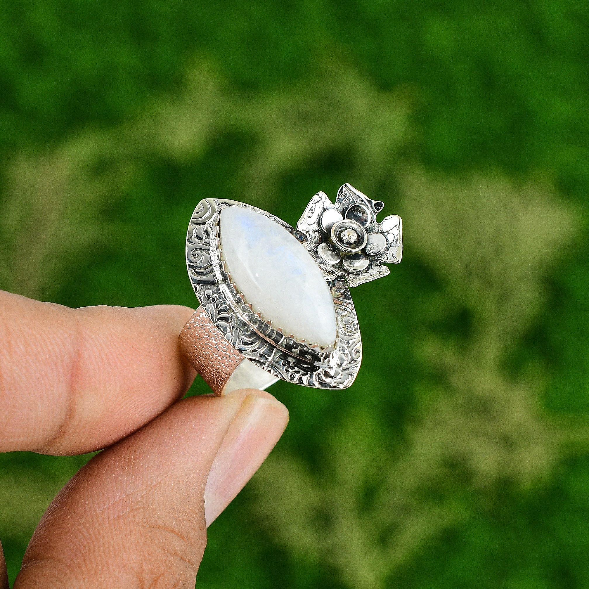 Multi Stone Flower Ring Size 8.25 925 Silver Natural Rainbow Moonstone