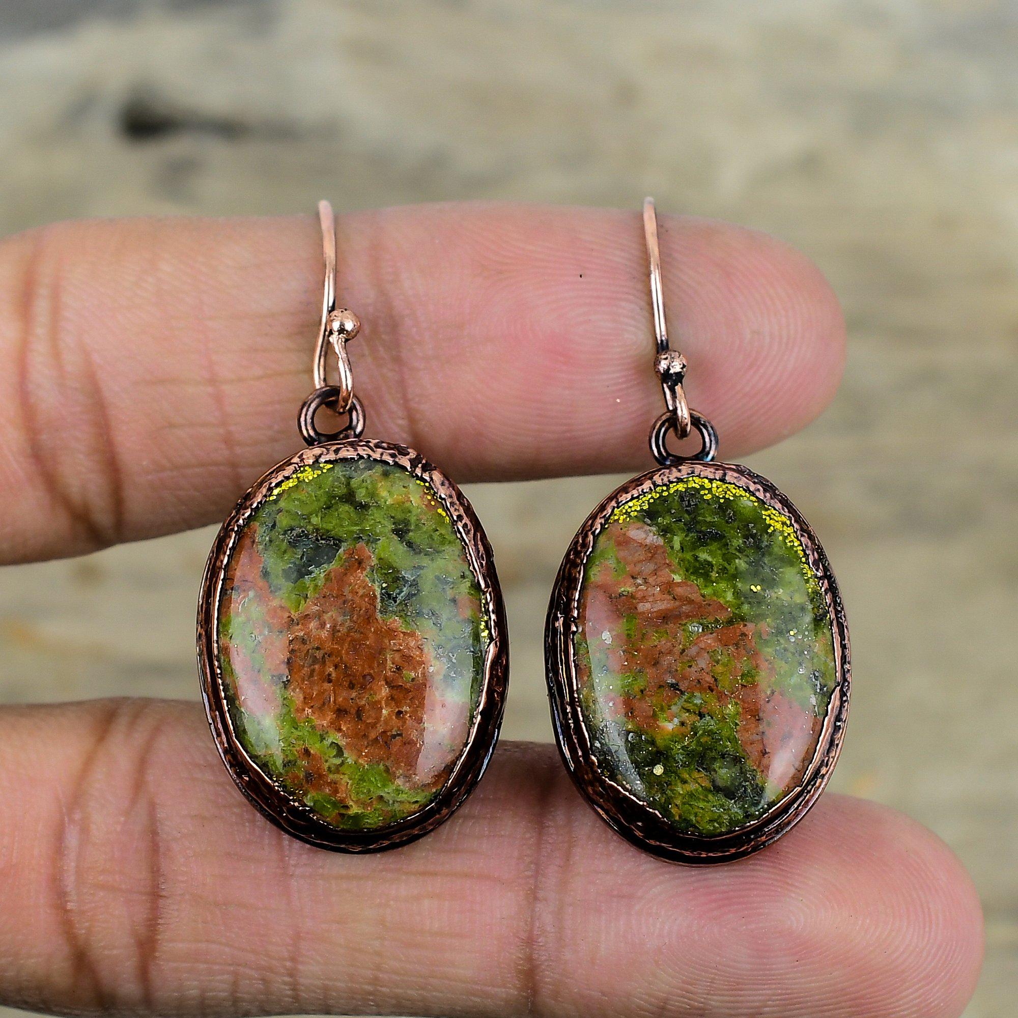 Серьги из унакита, медные серьги, изготовленные методом электроформовки, серьги из драгоценных камней ручной работы, ювелирные изделия из натурального унакита, серьги из меди для подарков