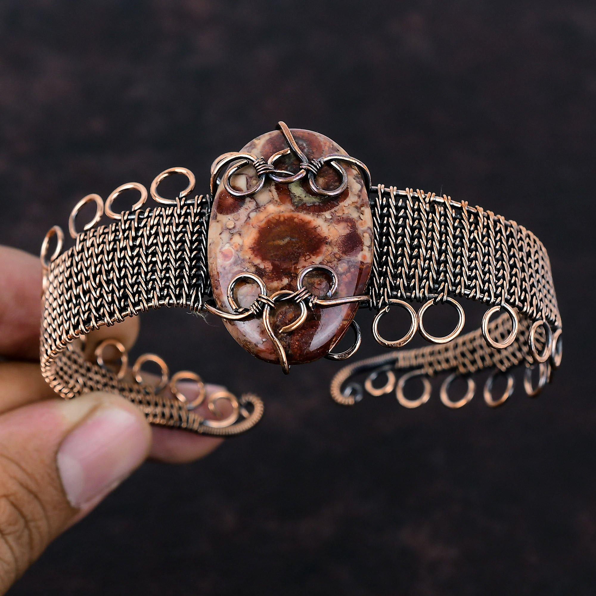 Браслет из драгоценных камней Birds Eye Jasper, браслет-манжета с медной проволокой, регулируемый браслет ручной работы, браслет с медной проволокой, ювелирное изделие в подарок для него