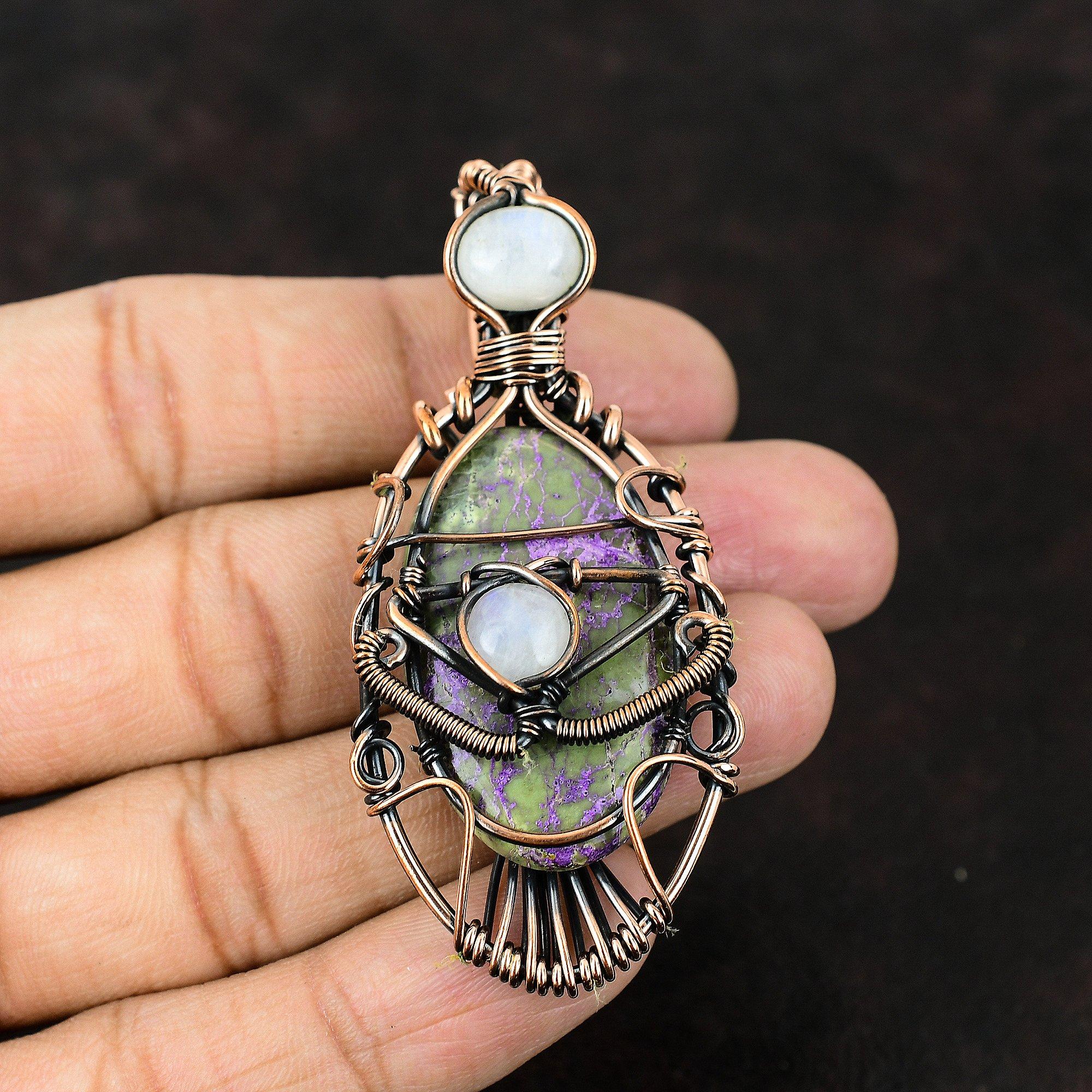 Подвеска из драгоценного камня пурпурит от сглаза, обернутая в медь, подвеска ручной работы, подвеска из радужного лунного камня, ювелирные изделия от сглаза, подарок для нее, медные украшения
