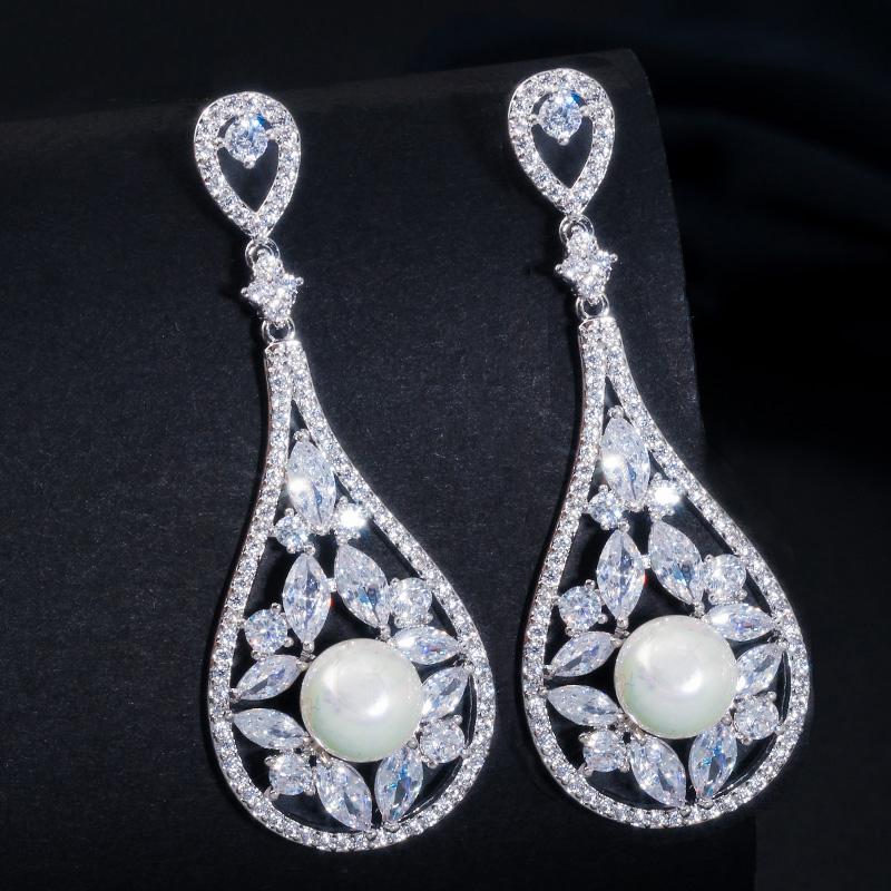 WWJ Благородные белые длинные серьги-капли с кубическим цирконием для свадебных невест