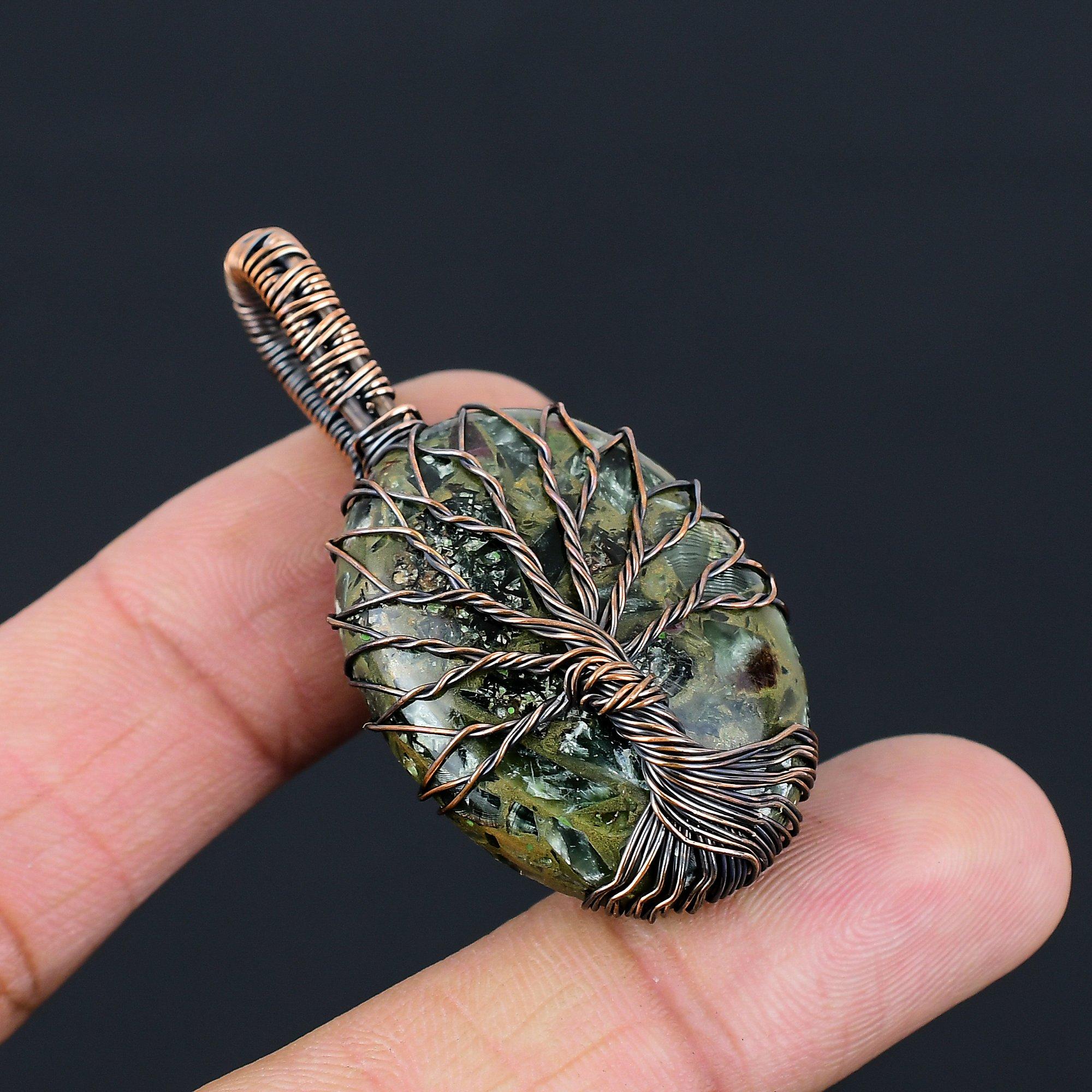 Древо жизни медь серафинит драгоценный камень чистая медная проволока обернутая подвеска ручной работы ювелирные изделия