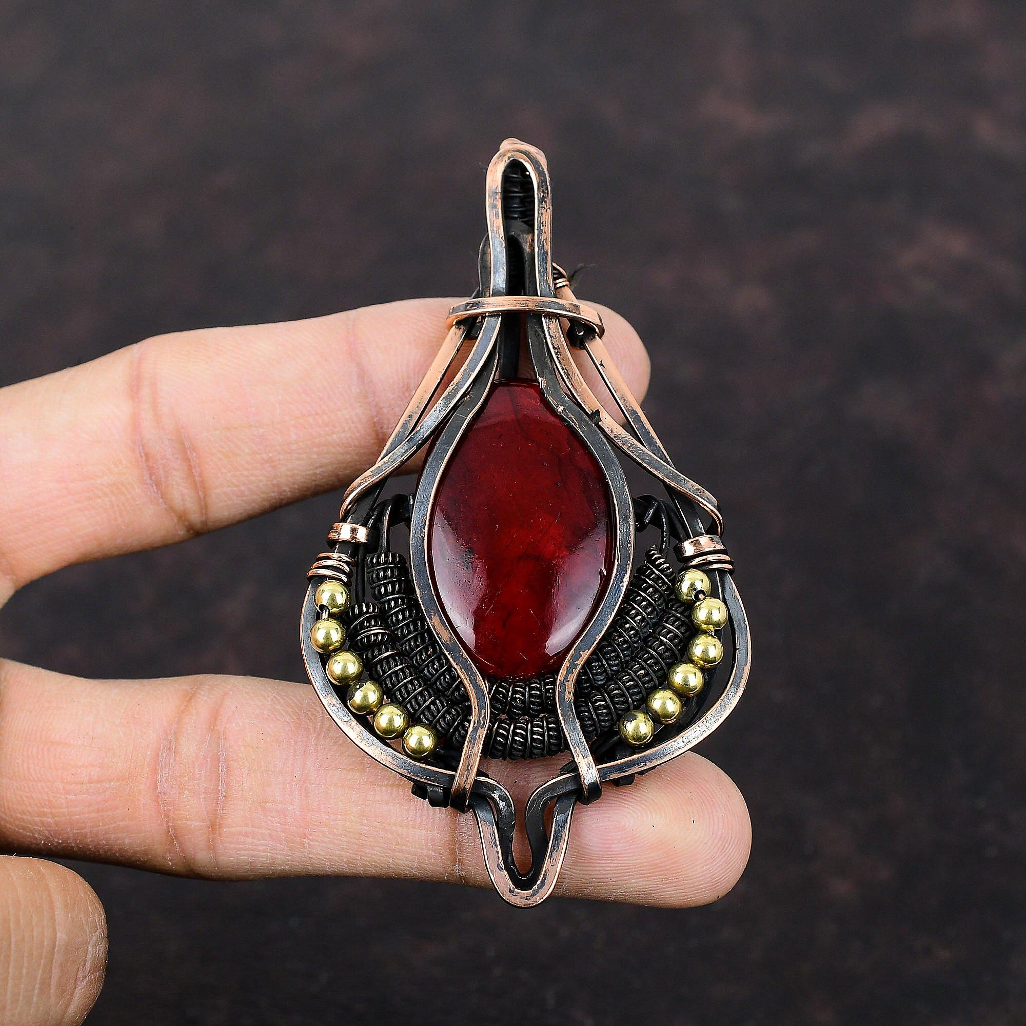 Red Fire Labradorite Gemstone Pendant Copper Wire Wrapped Pendant Designer Copper Jewelry Handmade Ethnic Pendant Wire Wrap Jewelry For Gift