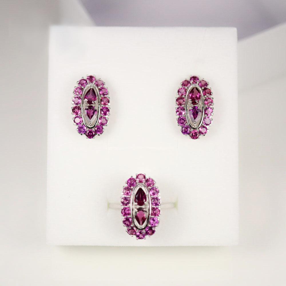 Bolaijewelry 925 Sterling Silver Fashion Natural Rhodolite Ring and Earring Set,for Anniversary, Party Wear Fine Jewelry