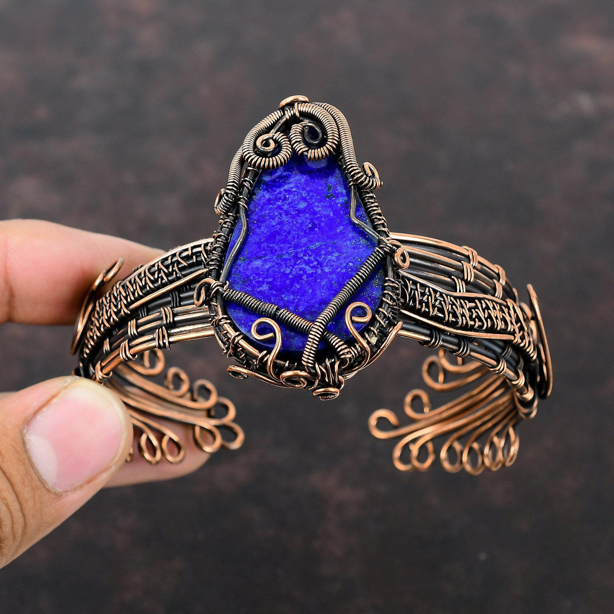 Браслет из лазурита, медная проволока, обернутая драгоценными камнями, регулируемый браслет-манжета, медные украшения, ручная работа, проволочная обертка, подарок для мамы