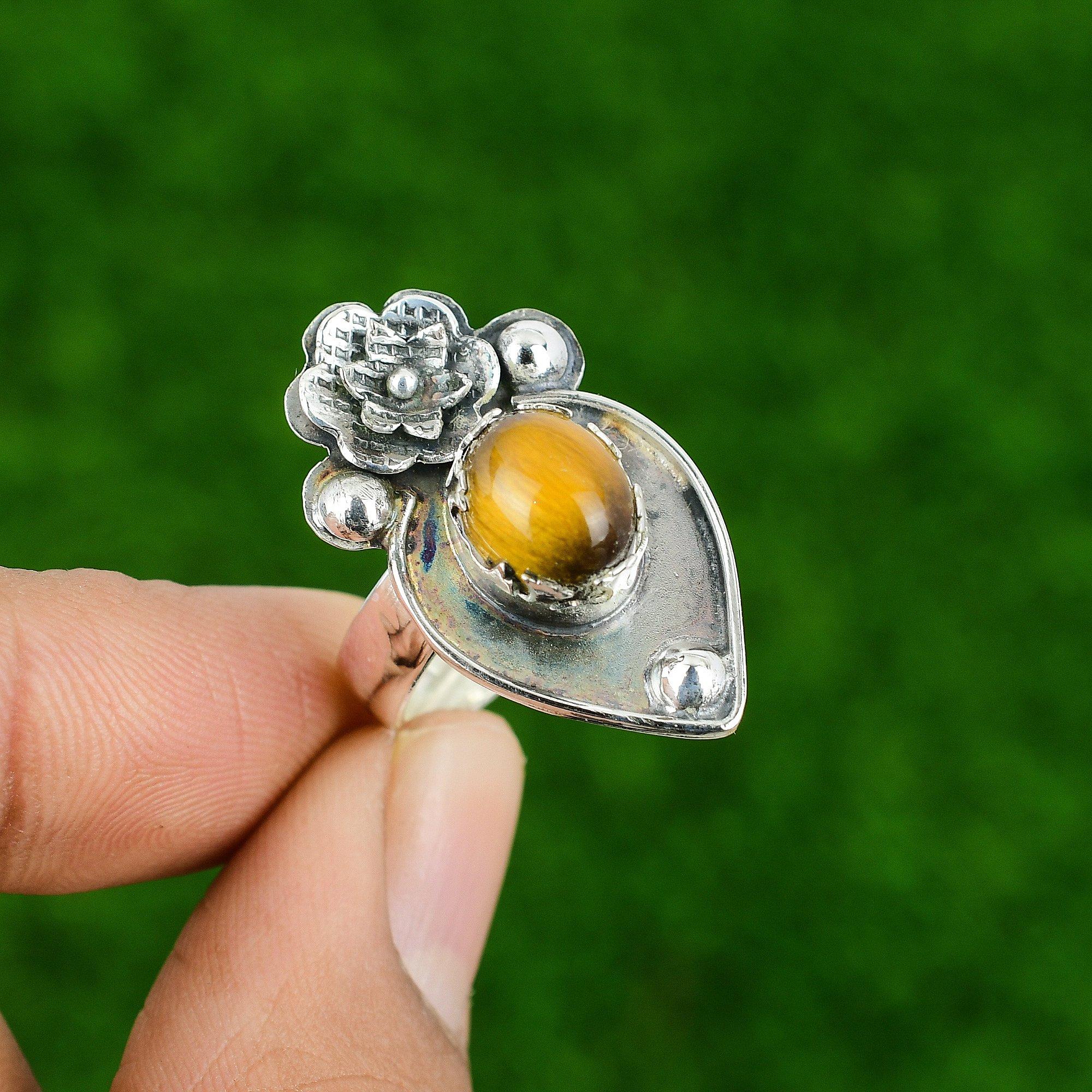 Natural Tiger'S Eye Gemstone Multi Stone Flower Adjustable Ring 925 Silver