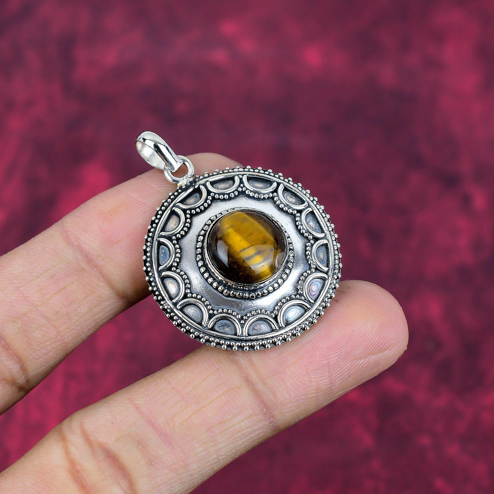Твердый кулон из стерлингового серебра 925 пробы с тигровым глазом, кулон из драгоценного камня ручной работы, подарок для мамы, антикварные ювелирные изделия