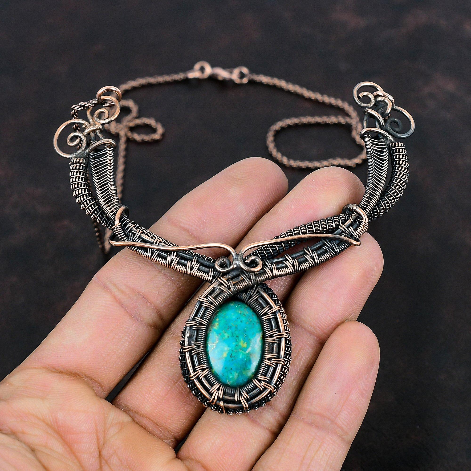 Ожерелье из хризоколлы с драгоценными камнями, ювелирные изделия из медной проволоки, медное ожерелье ручной работы, уникальное ожерелье, подарок для мамы, красивое ожерелье из проволочной обмотки